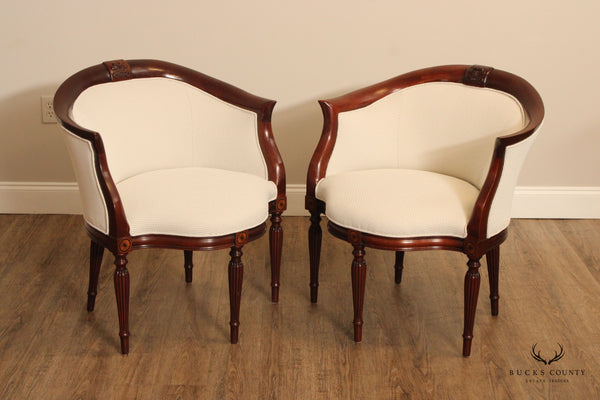 Southwood Sheraton Style Pair of Inlaid Mahogany Barrel Tub Chairs