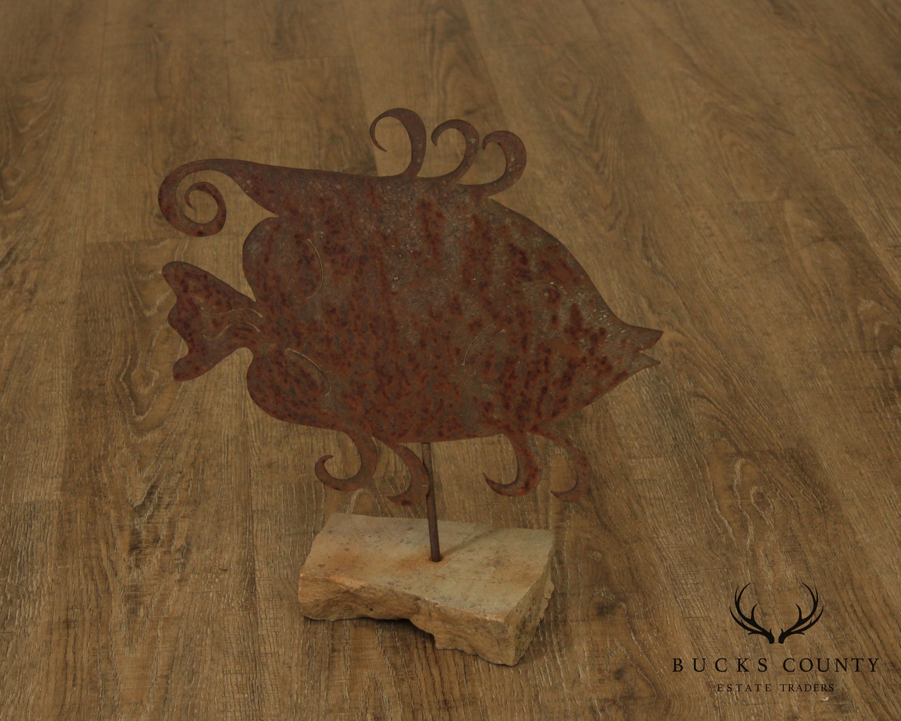 Mid Century Steel Garden Sculpture of Fish on Stone Base