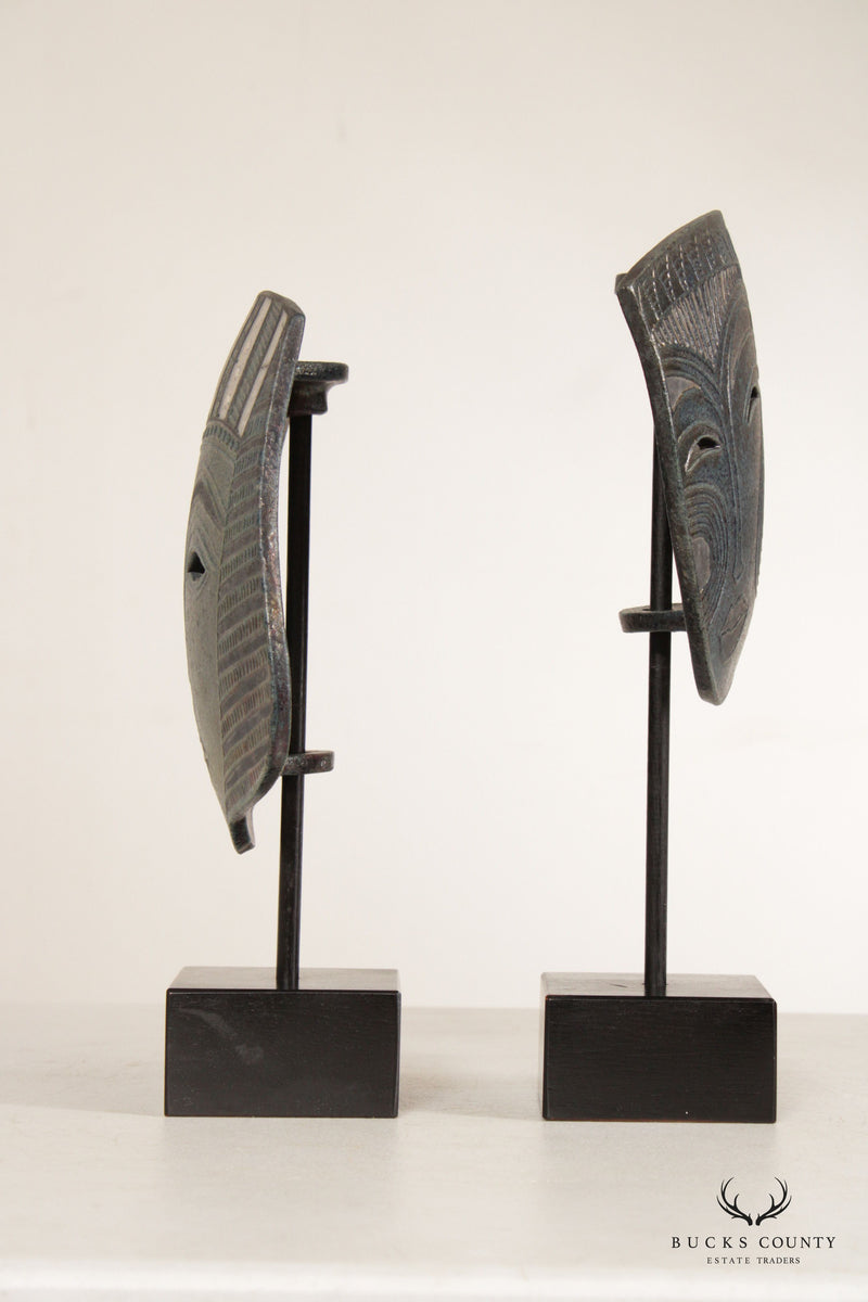 Jacinthe Bruneau Pair Tribal Mask Raku Ceramic Sculptures