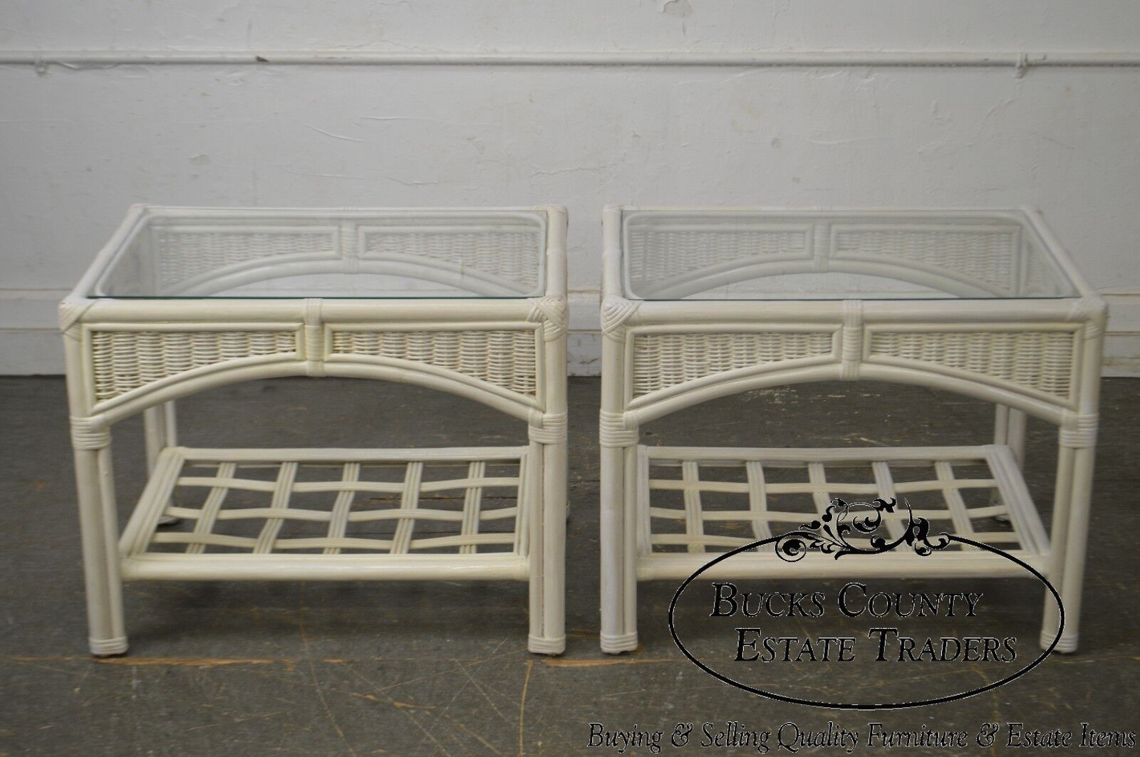 Link Taylor Pair of White Painted Glass Top Side Tables