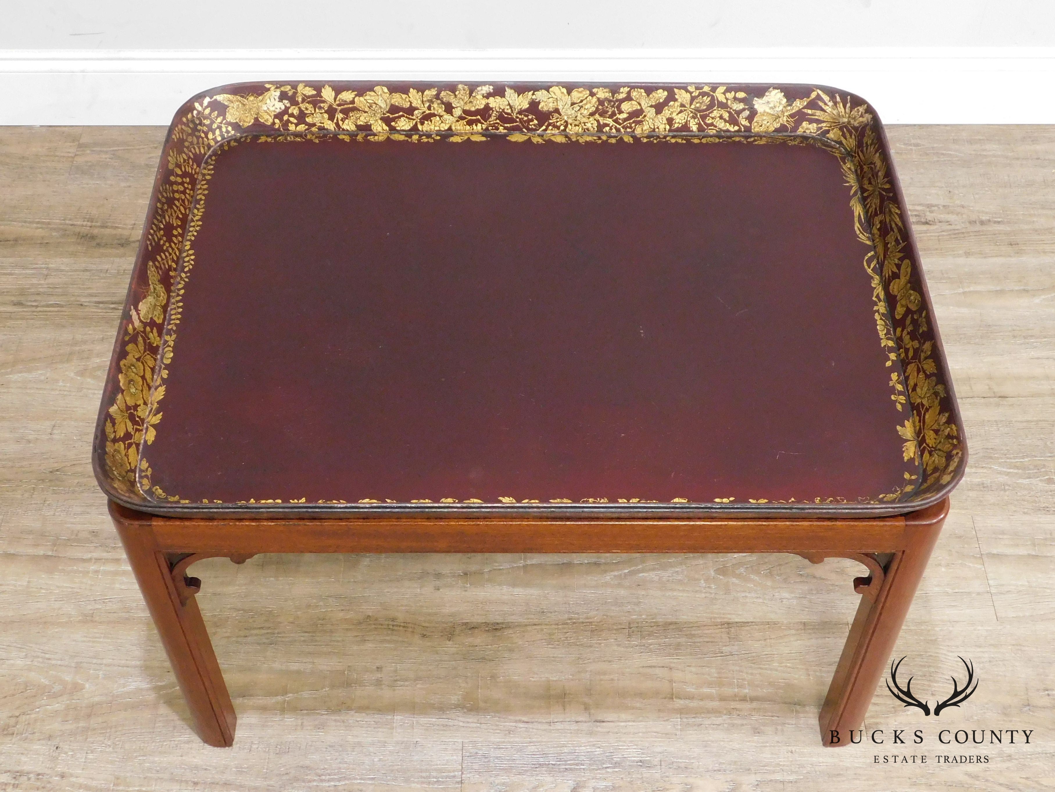 Henry Clay Antique Paper Mache Tray on Mahogany Stand 2 Georgian Butler Table