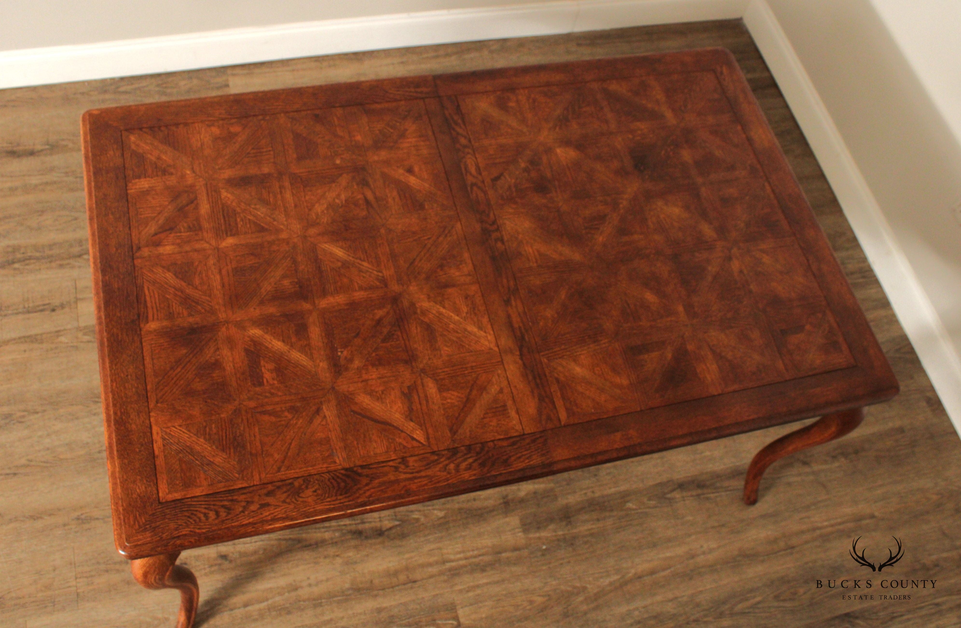 French Country Louis XV Style Vintage Oak Parquet Top Extension Dining Table