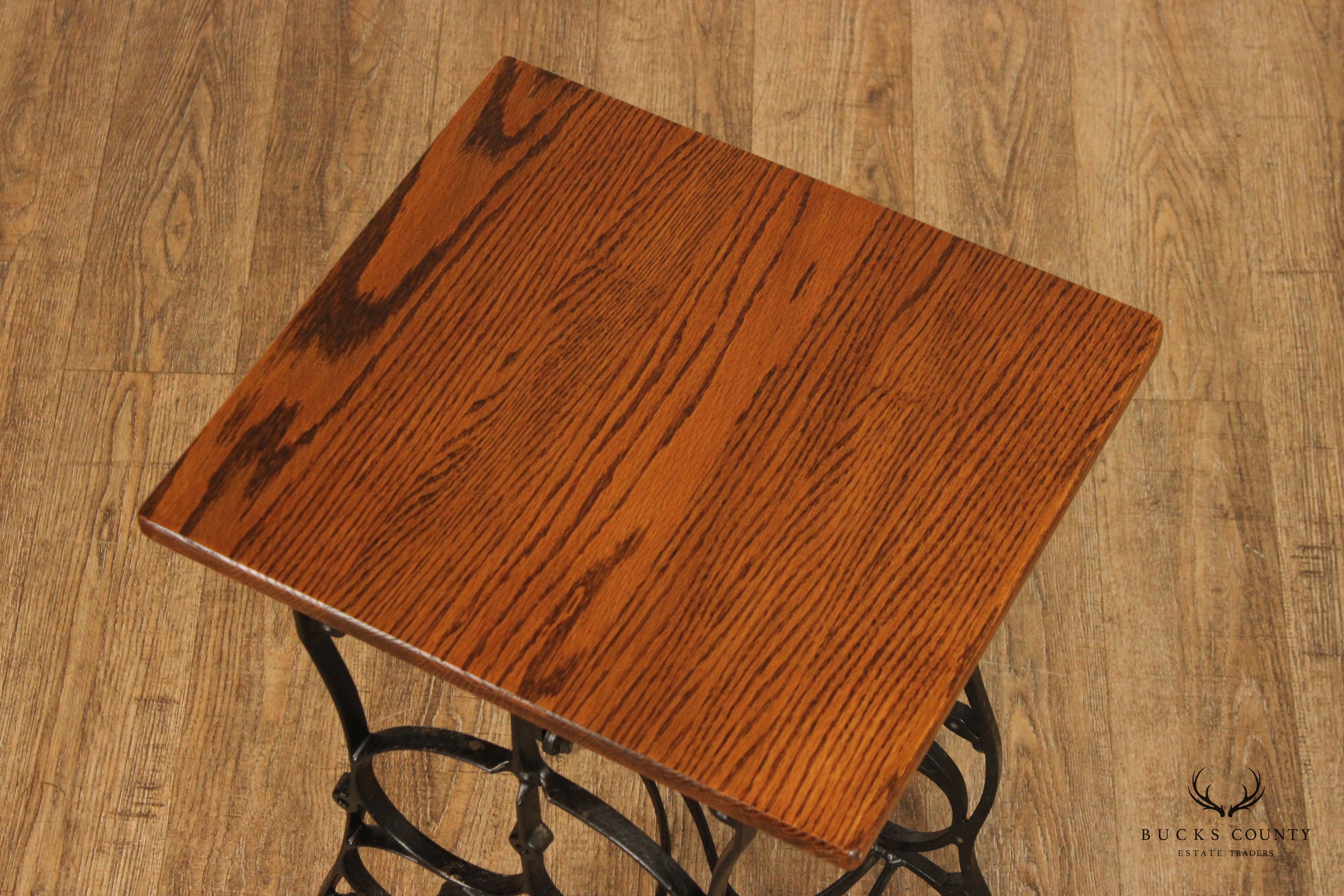 Antique Victorian Style Iron Base Oak Top Side Table