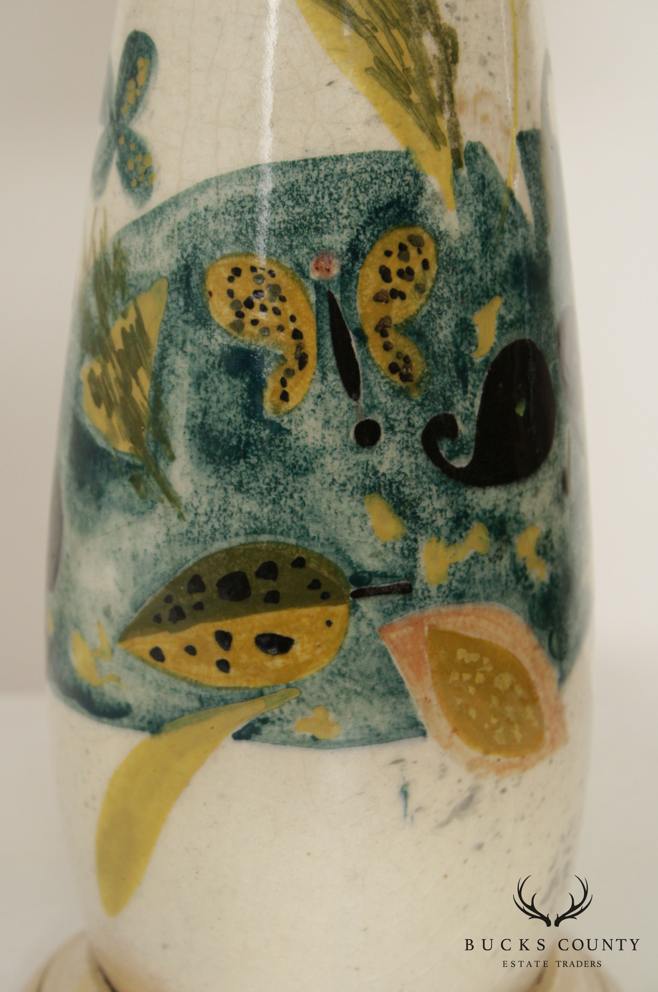 Vintage Arvi Tynys Pair Mid Century Modern Hand Painted Pottery Table Lamps