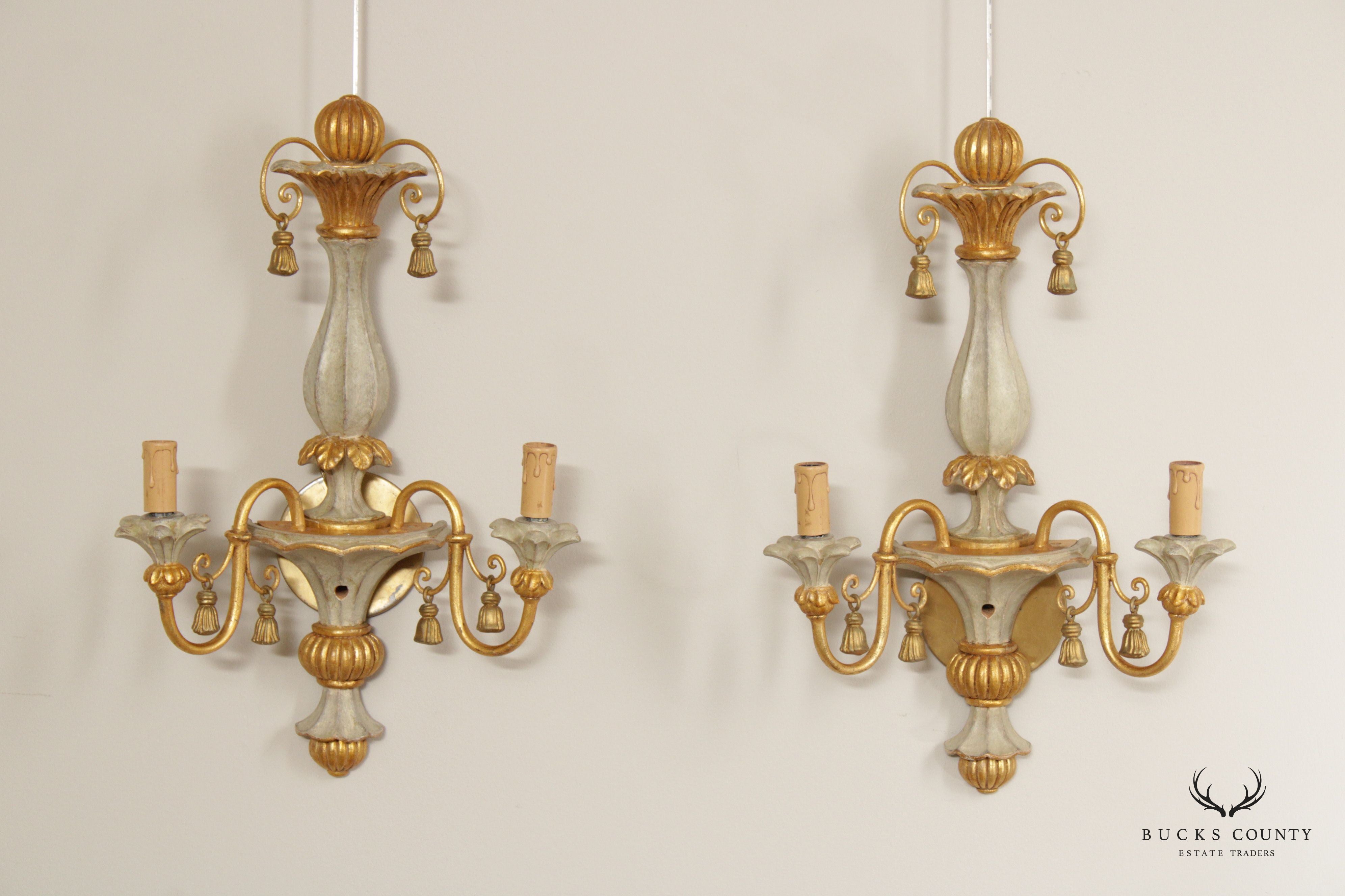 Italian Hollywood Regency Pair Parcel Gilt 2-Light Wall Sconces