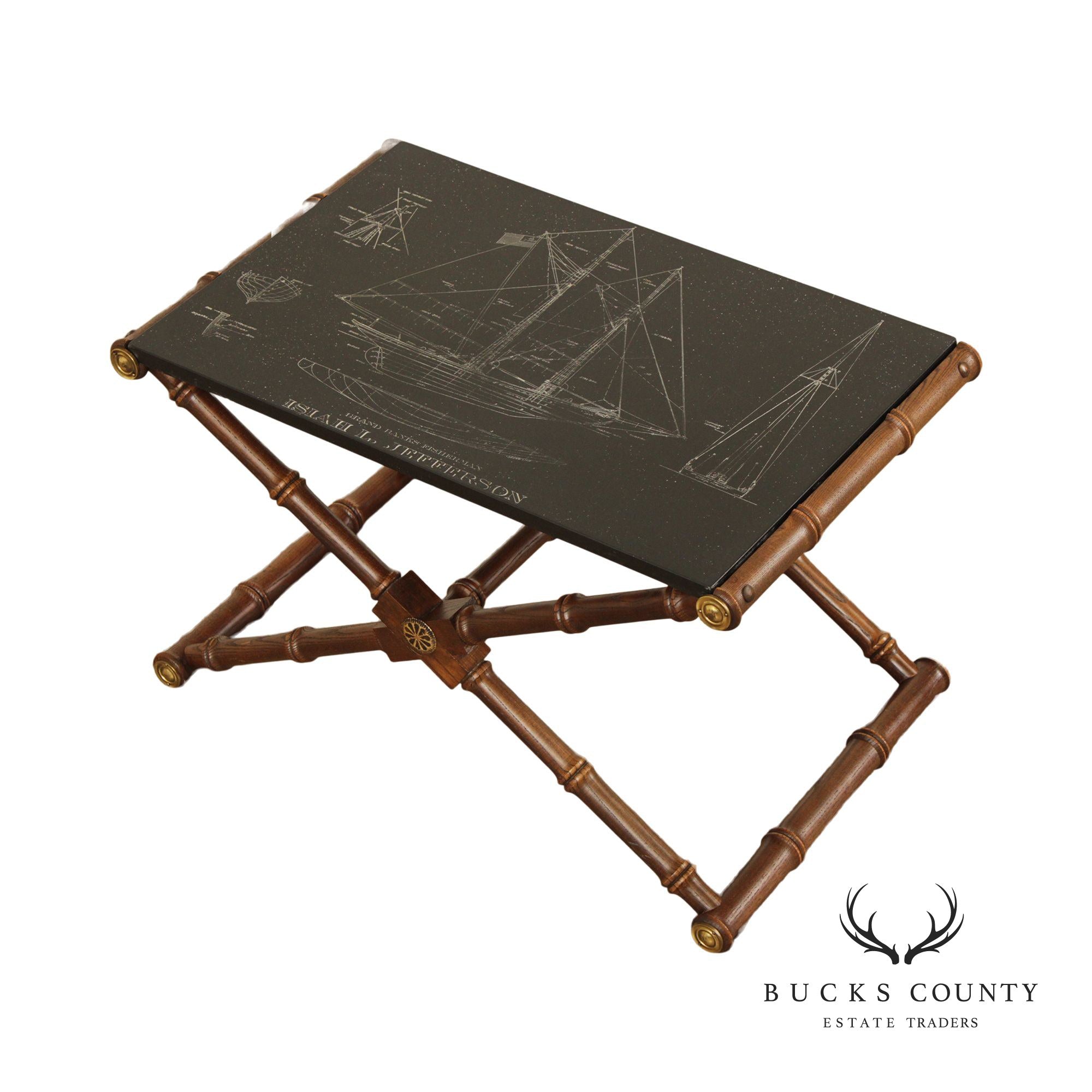 Vintage Nautical Campaign Style Blueprint Slate and Faux Bamboo Coffee Table
