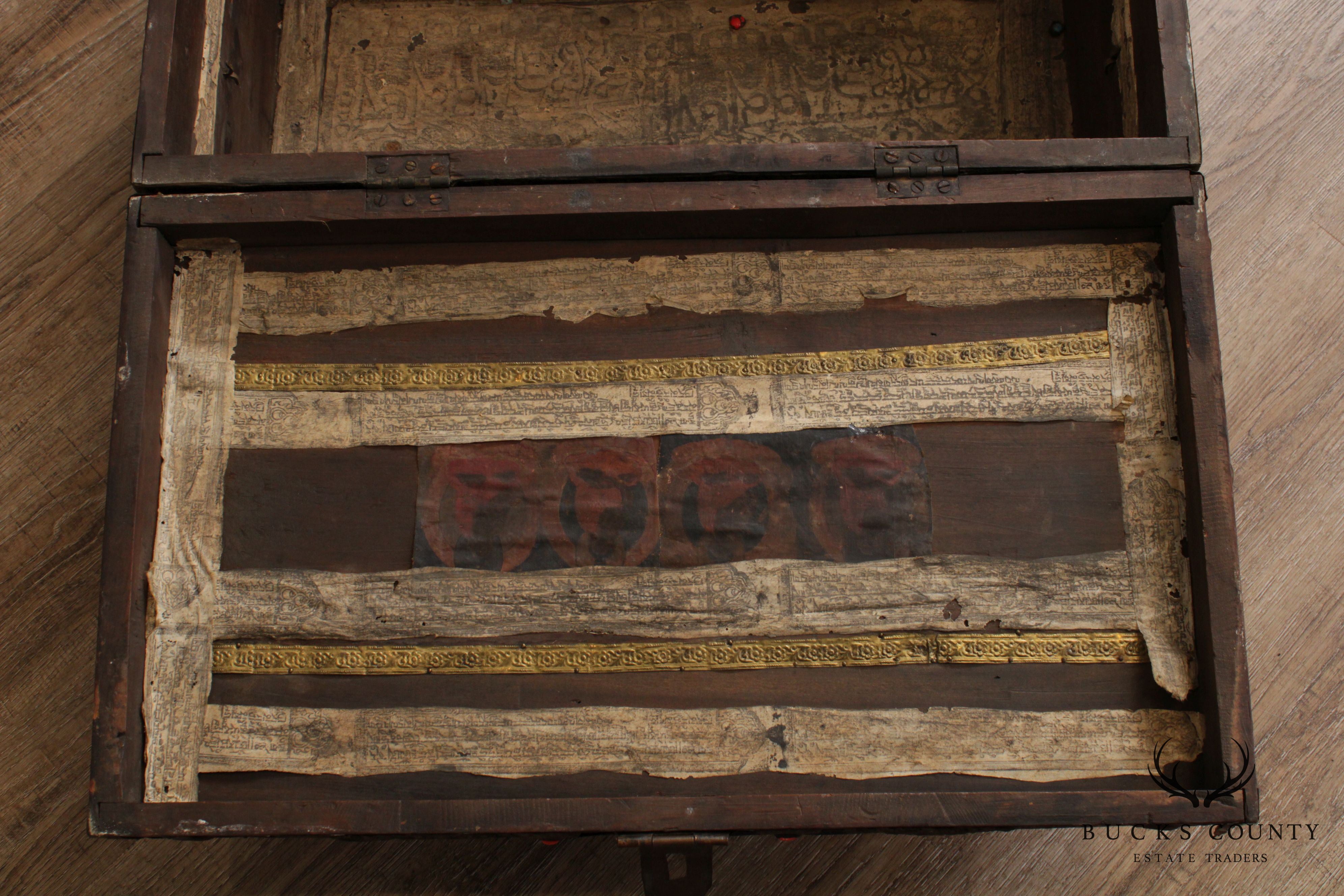 19th Century Tibetan Turquoise and Red Coral Decorated Travel Chest