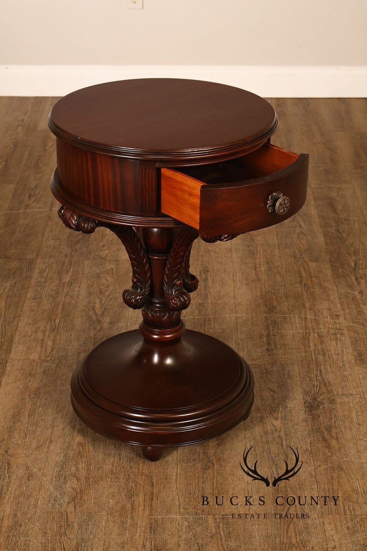 Carved Mahogany Pair Of Round Pedestal End Tables With A Drawer
