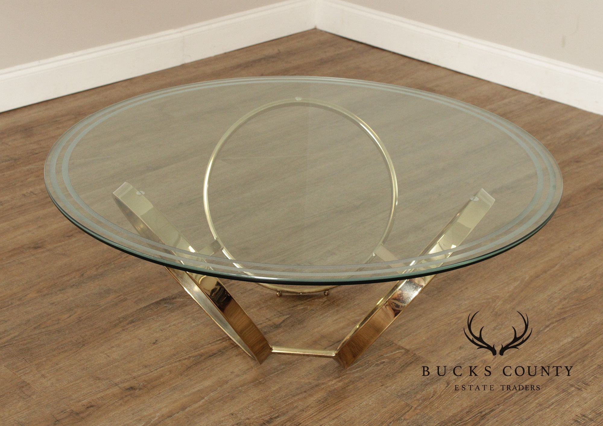 Postmodern Round Glass Top Three Ring Base Coffee Table