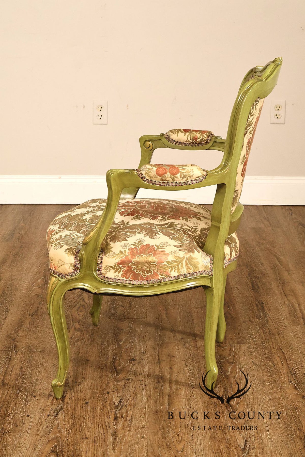 Vintage Louis XV Style Green Painted Floral Upholstered Armchair