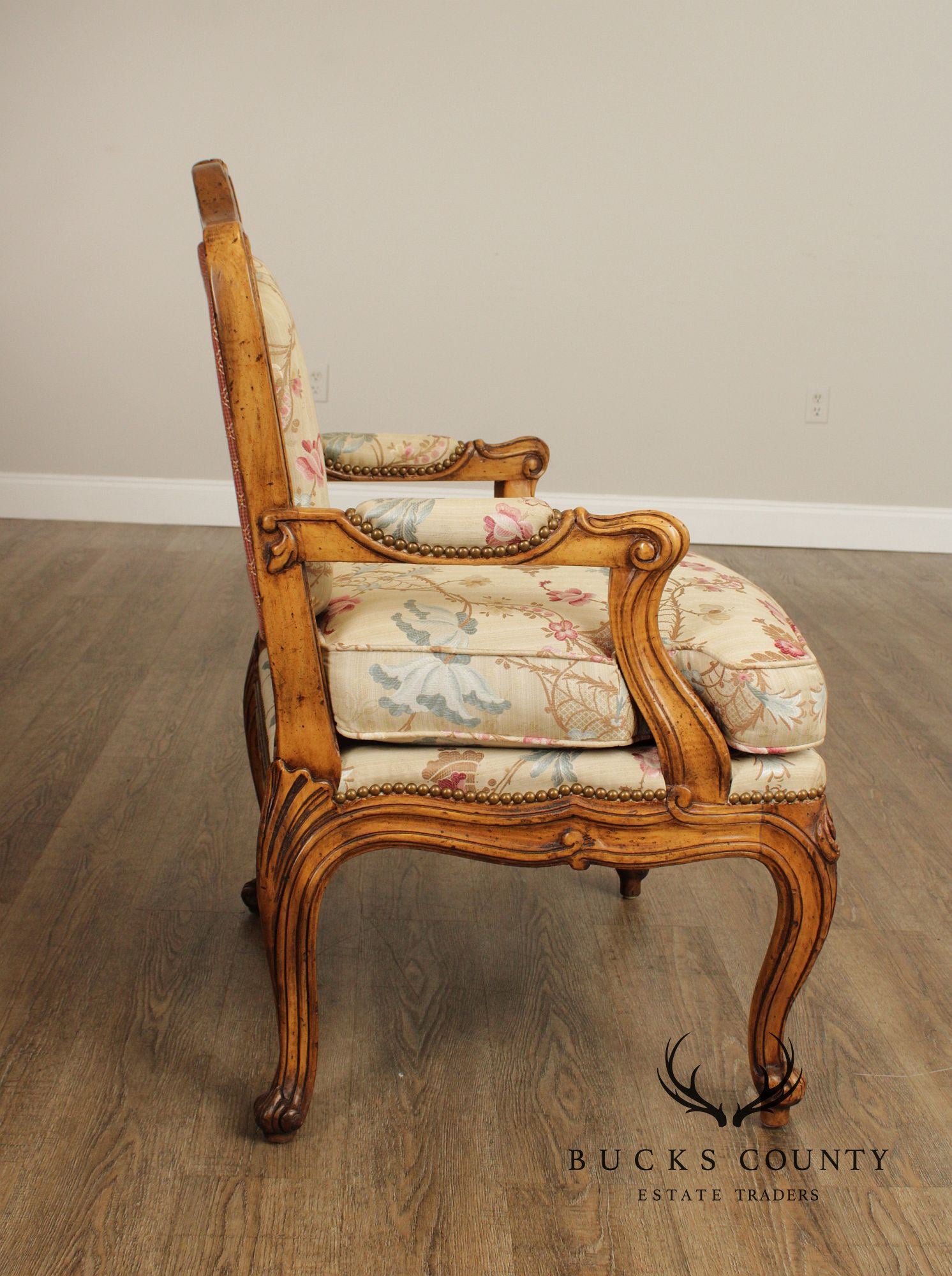 Italian Rococo Style Custom Upholstered Carved Walnut Armchair