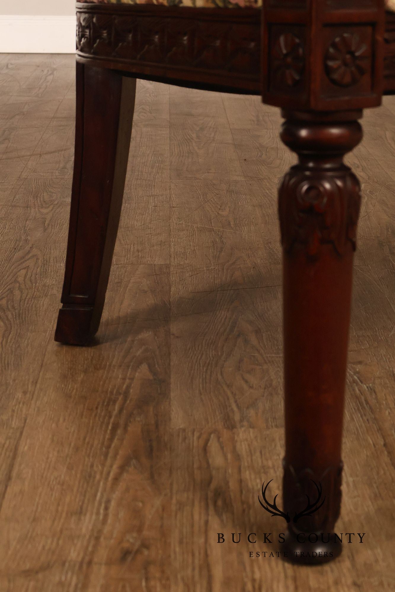 Pair Of Carved Mahogany Ram’s Head Upholstered Armchairs