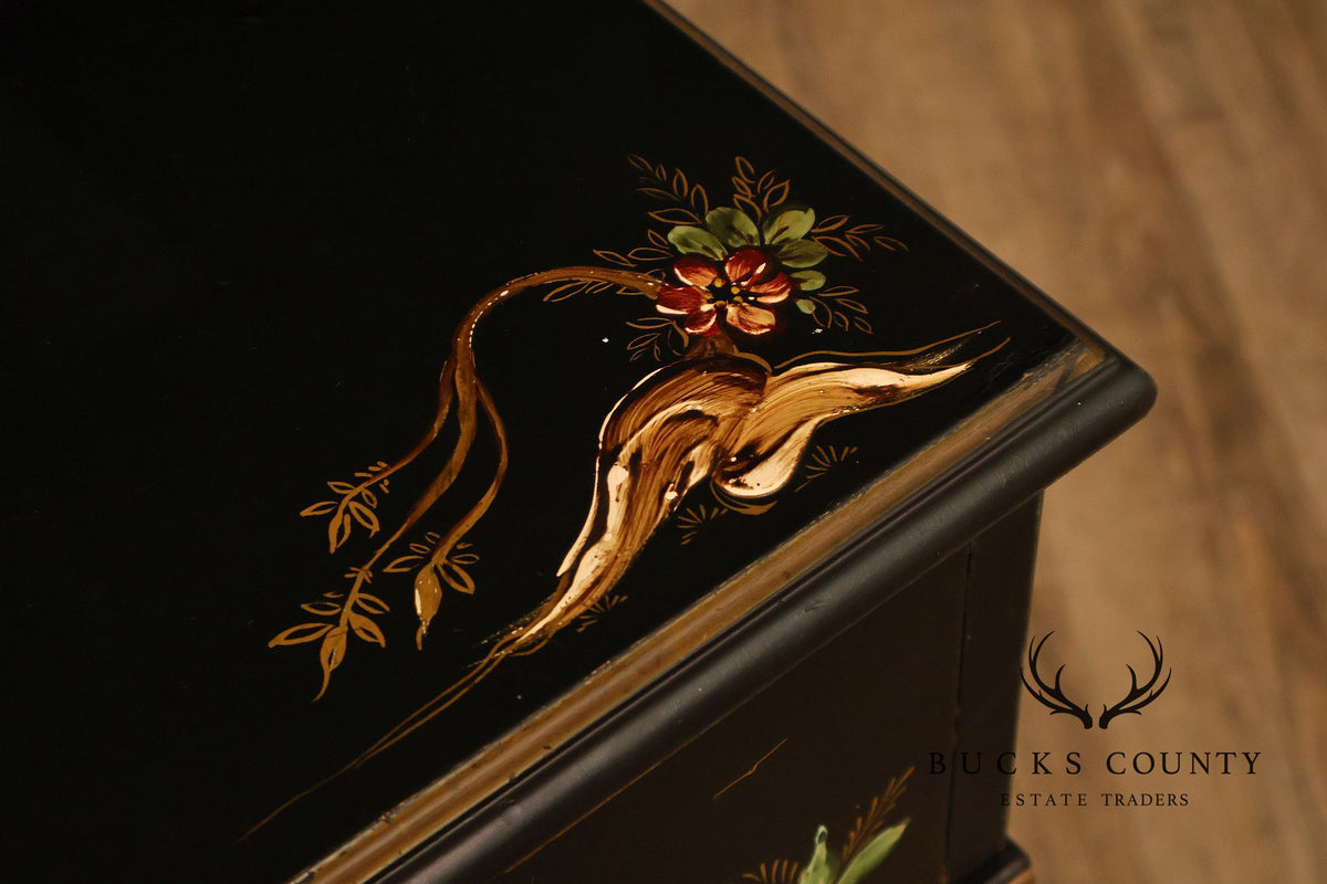 Chinoiserie Style Black Lacquer Hand Painted Sideboard With Hidden Secretary Desk