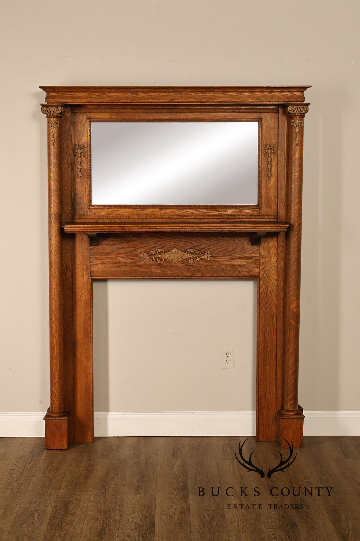 Antique C.B. Atkin Company Victorian Oak Mirrored Fireplace Mantel