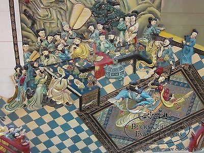 Unusual Hand Carved Oriental Chinoiserie Palace Scene Wall Mural Plaque