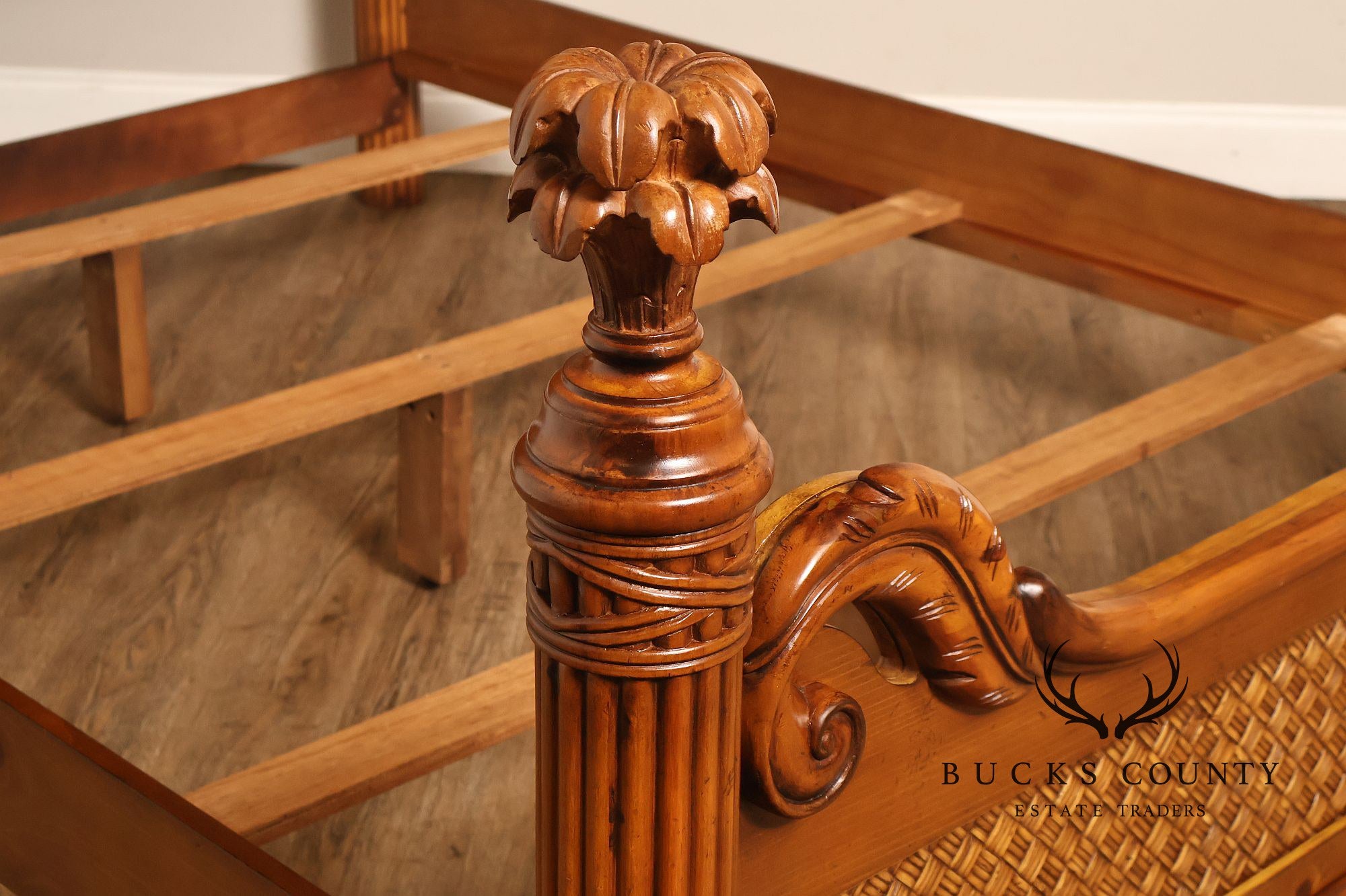 Tropical British Colonial Style Carved Wood Queen Poster Bed