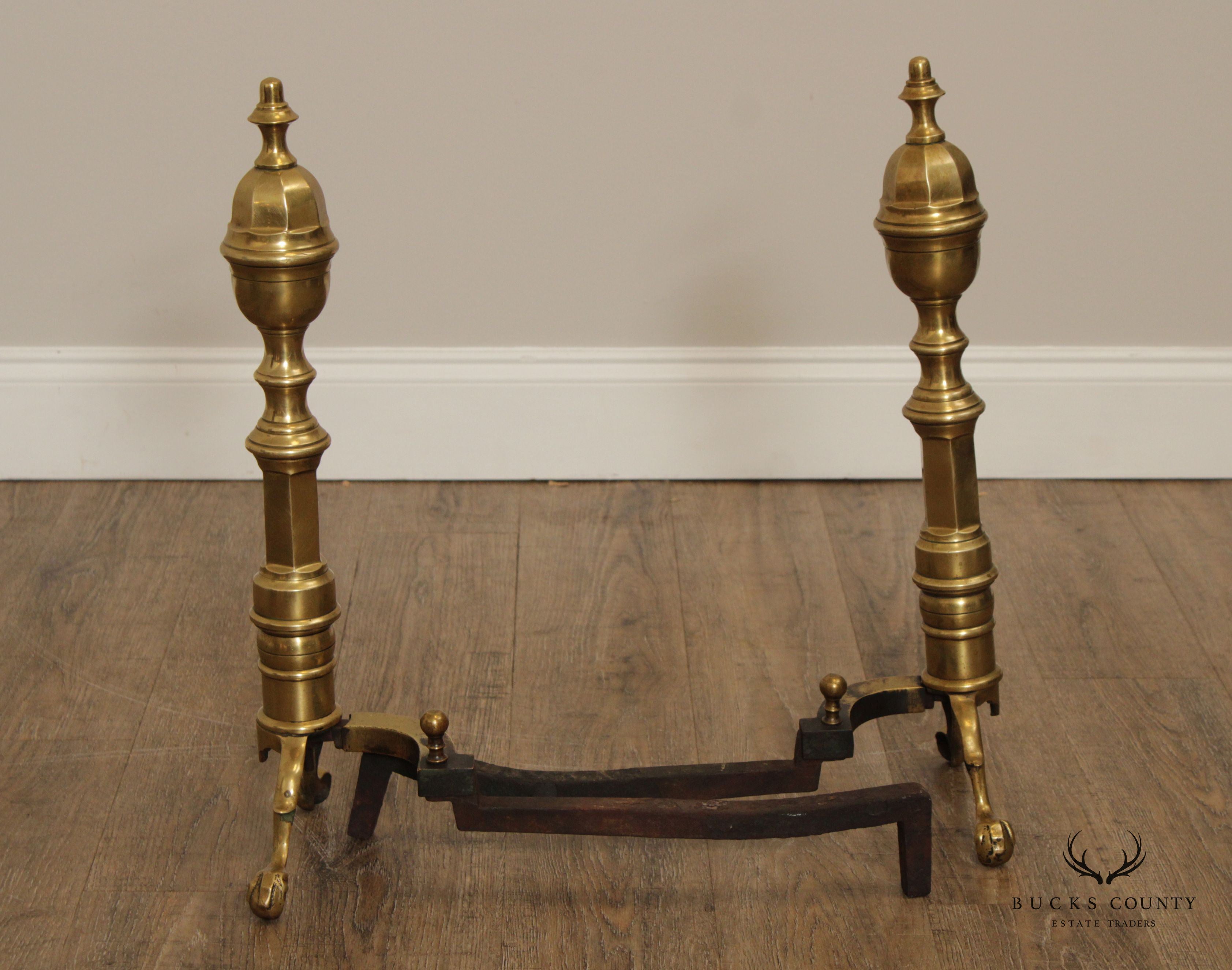 CHIPPENDALE STYLE QUALITY PAIR OF BRASS FIREPLACE ANDIRONS