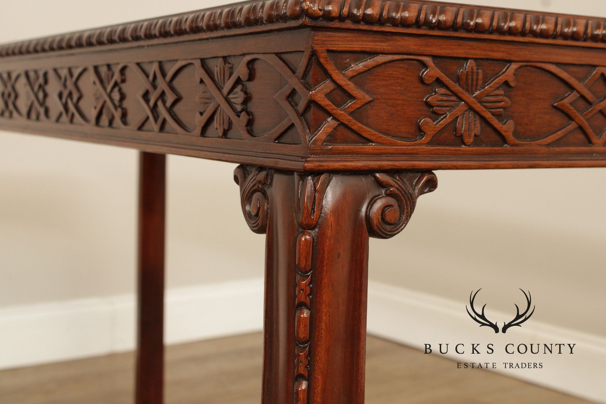 Chinese Chippendale Style Glass Top Mahogany Console Table