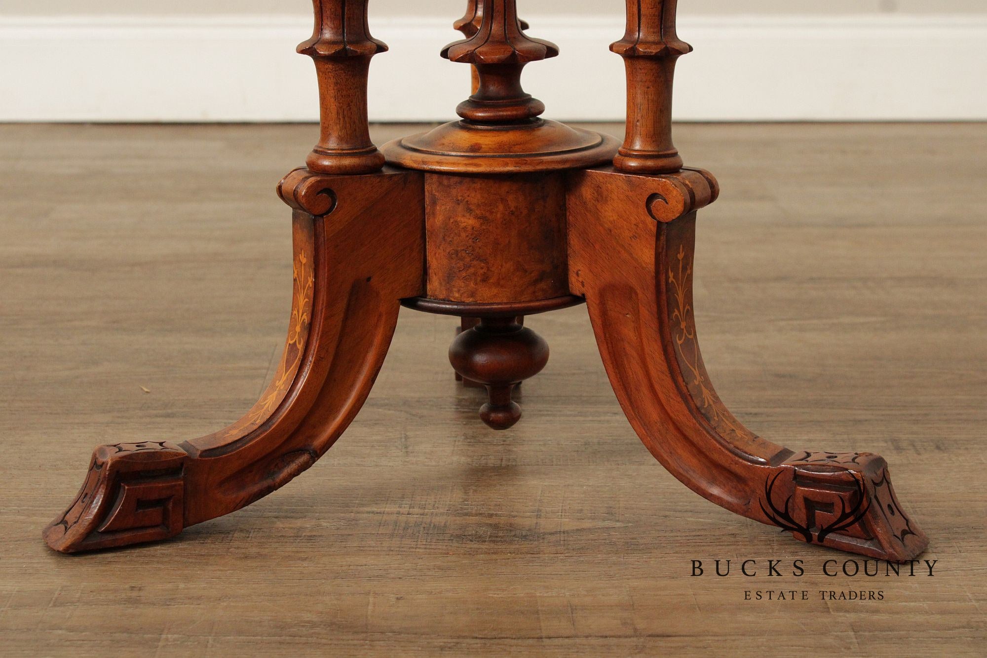 Antique Victorian Carved Inlaid Burl Wood Round Side Table