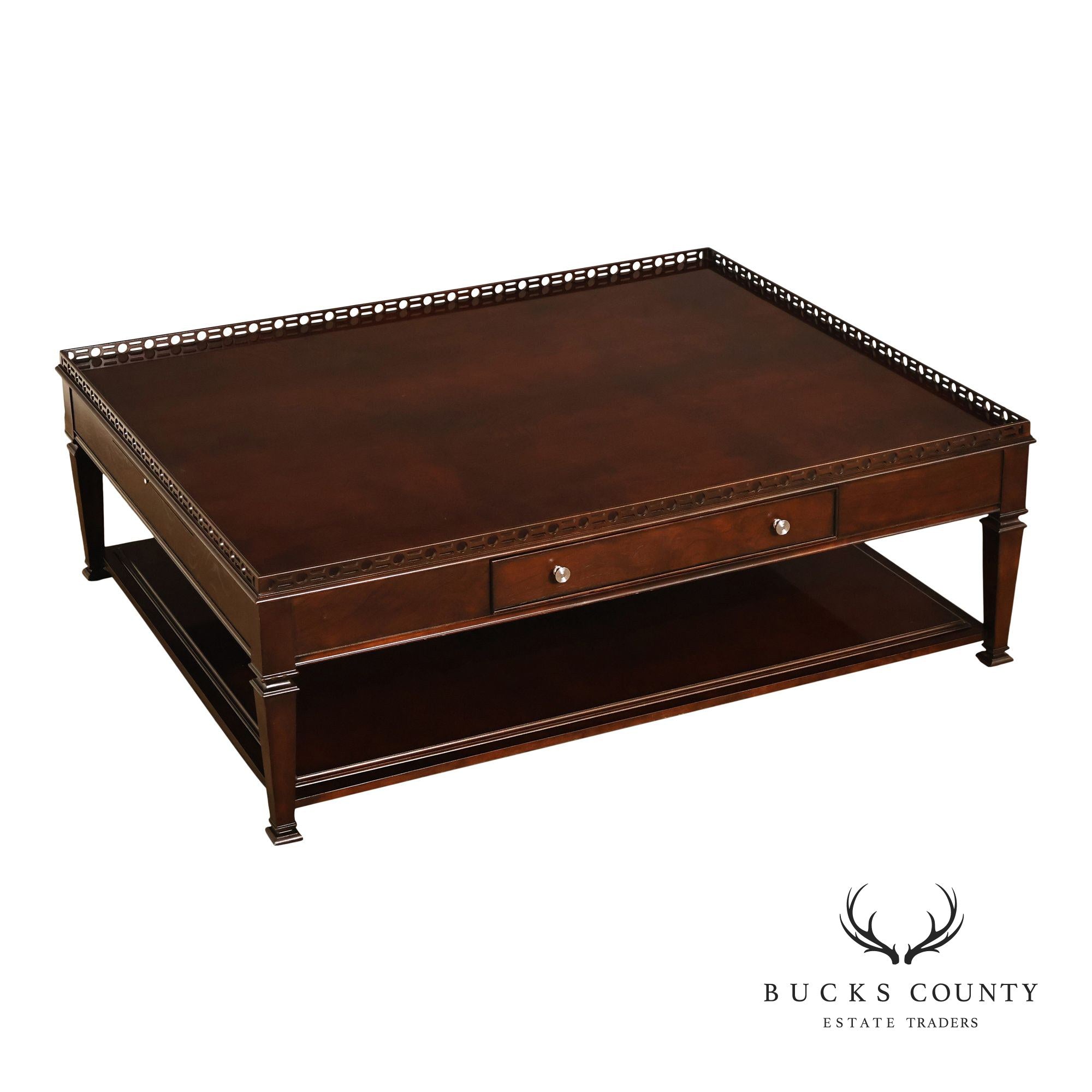 Century Furniture Large Mahogany Two Drawer Gallery Top Rectangular Cocktail Coffee Table