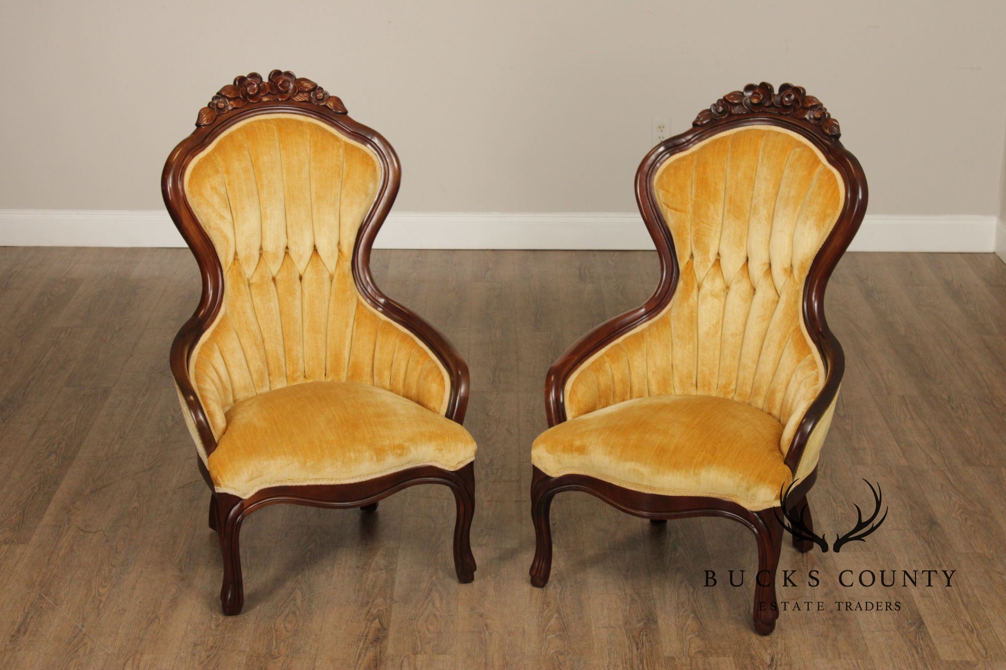 Kimball Furniture Victorian Style Pair of Carved Mahogany Parlor Chairs