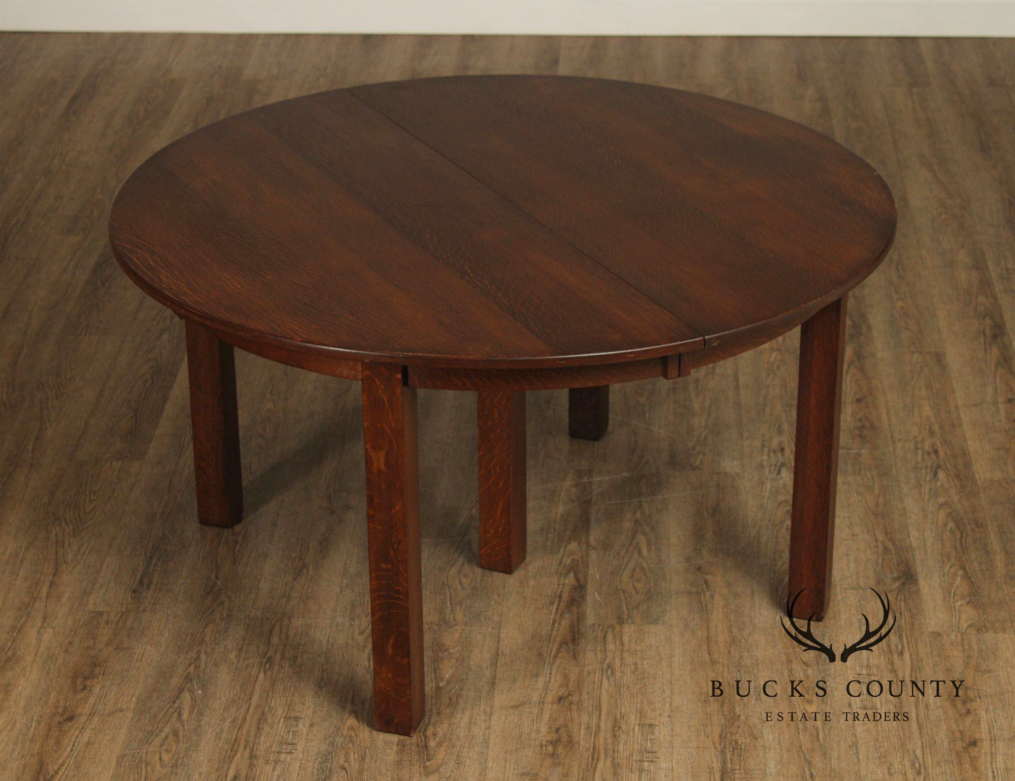 Antique Stickley Brothers 54 Inch Round Oak Expandable Dining Table