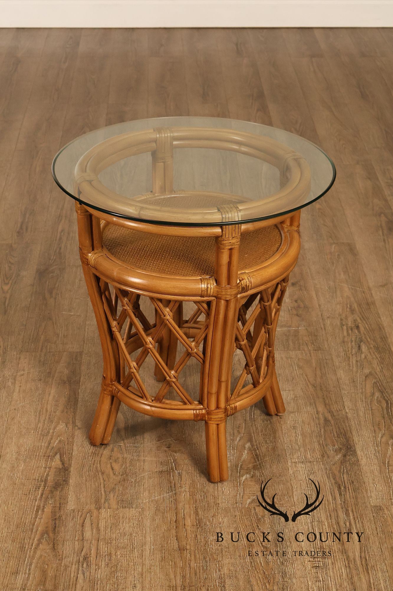 Boho Chic Pair of Round Glass Top Bamboo End Tables