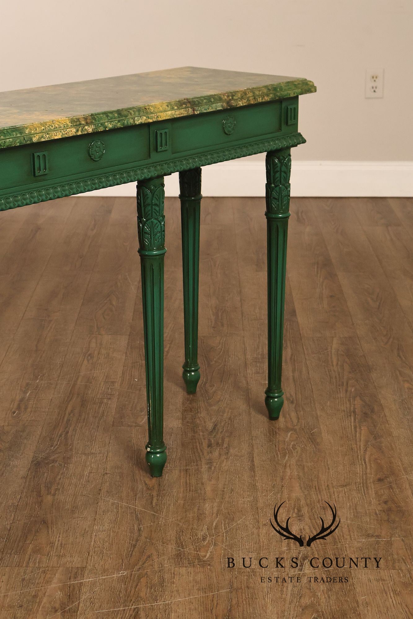 Neoclassical Style Narrow Custom Quality Console Table With Faux Marble Top