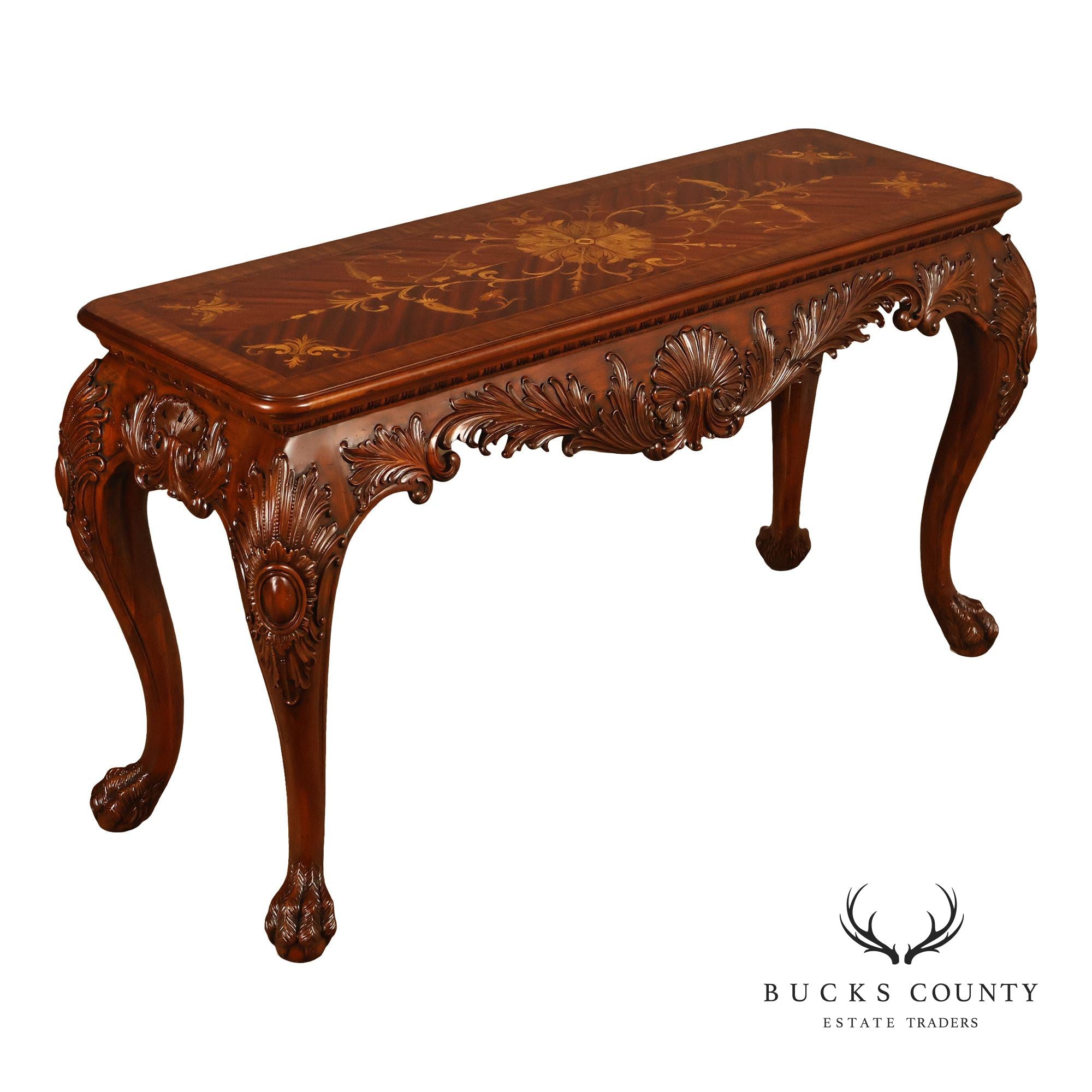 Maitland-Smith Georgian Style Carved Mahogany Inlaid Console Table