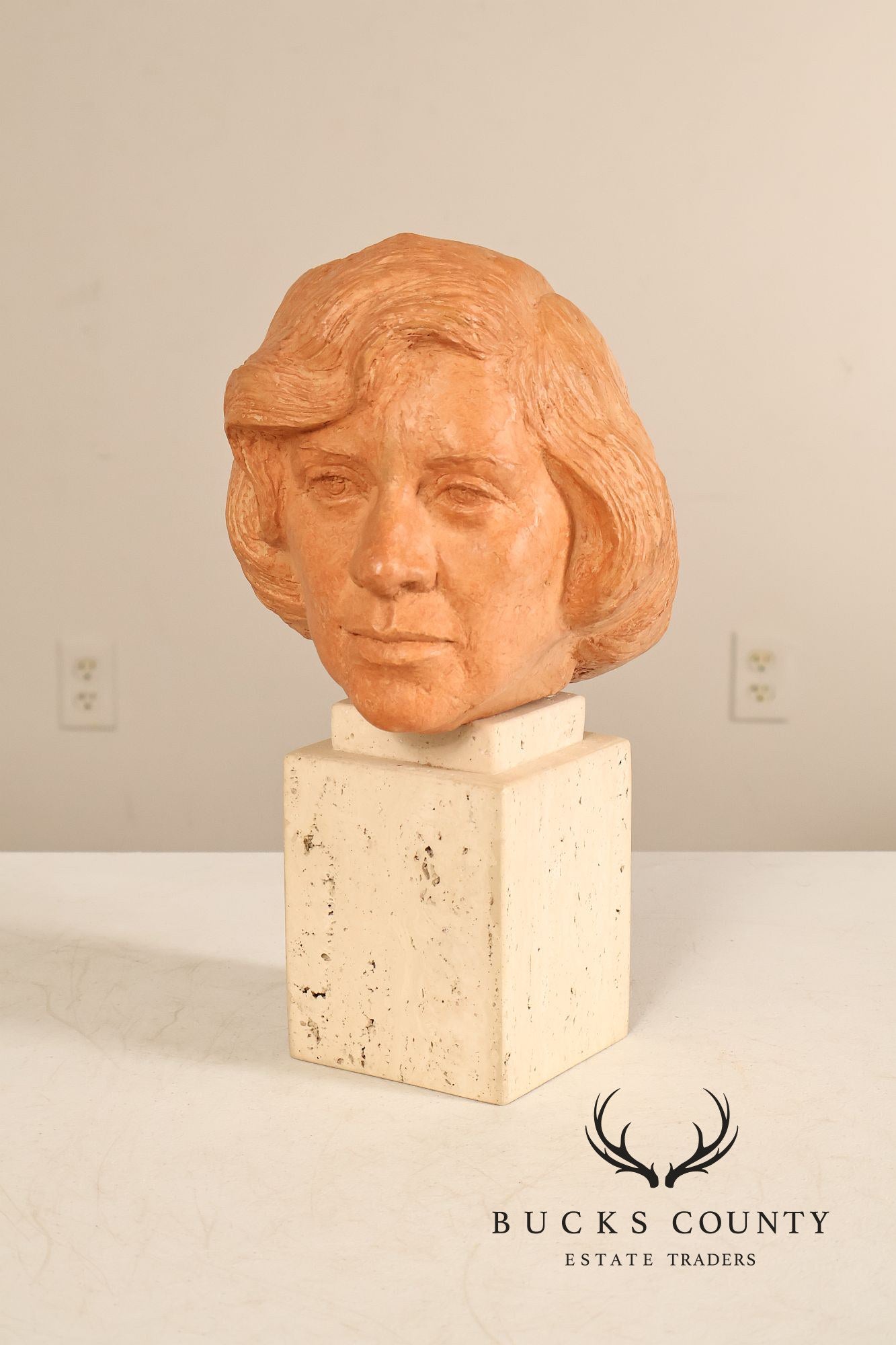 Contemporary Terracotta Female Portrait Bust Sculpture On Travertine Pedestal Base