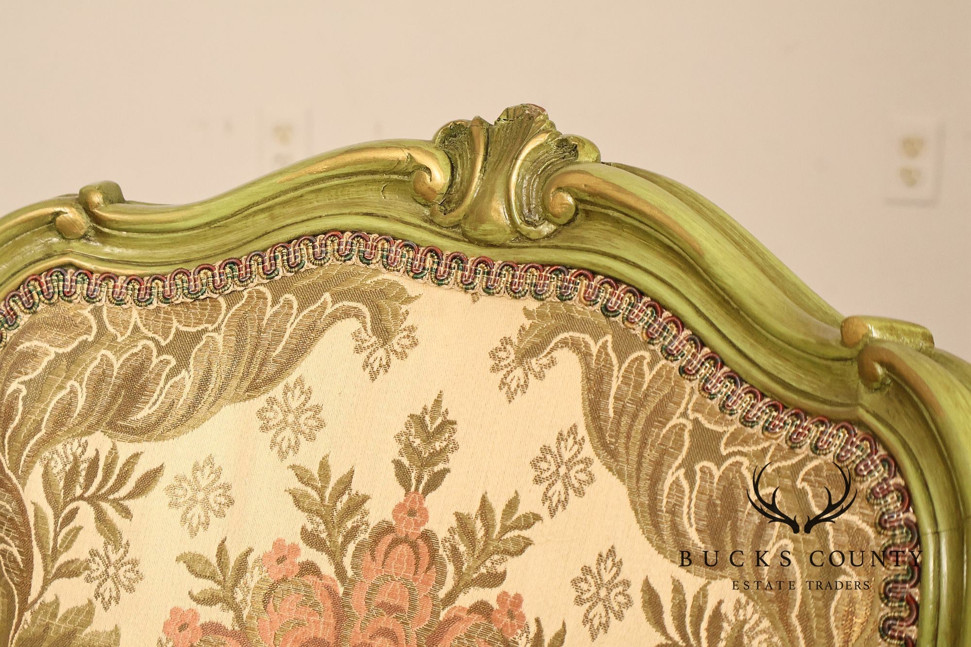 Vintage Louis XV Style Green Painted Floral Upholstered Armchair
