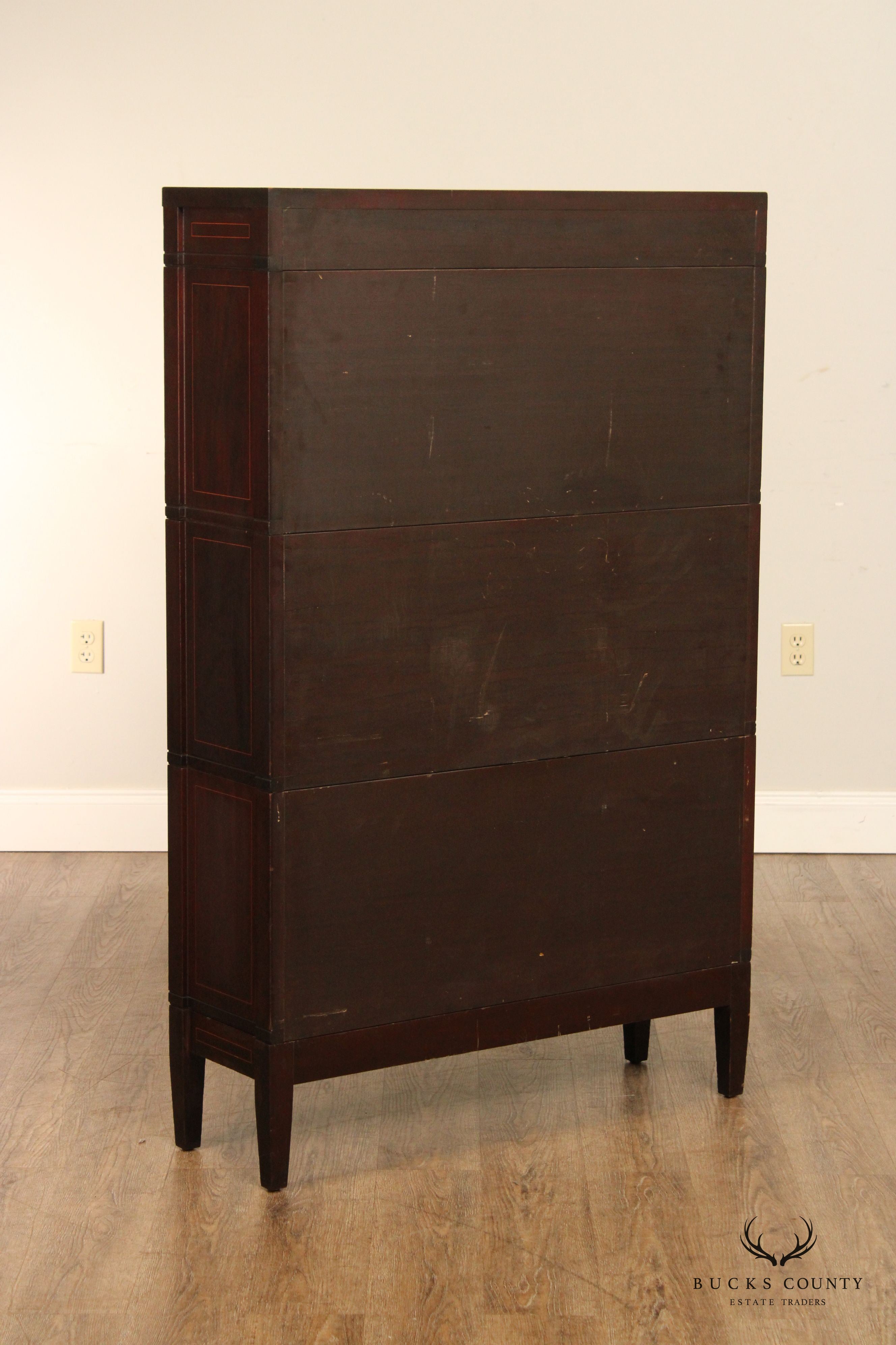 Globe Wernicke Antique Sheraton Style Three Stack Inlaid Mahogany Barrister Bookcase