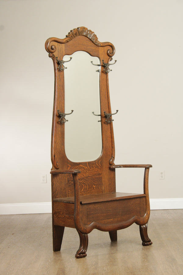 Antique Victorian Oak Hall Tree Seat With Storage And Mirror