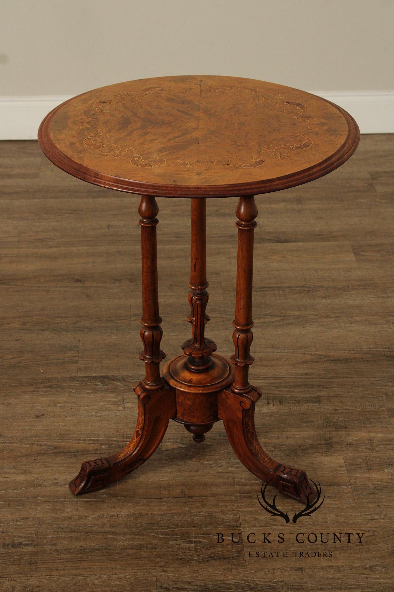 Antique Victorian Carved Inlaid Burl Wood Round Side Table