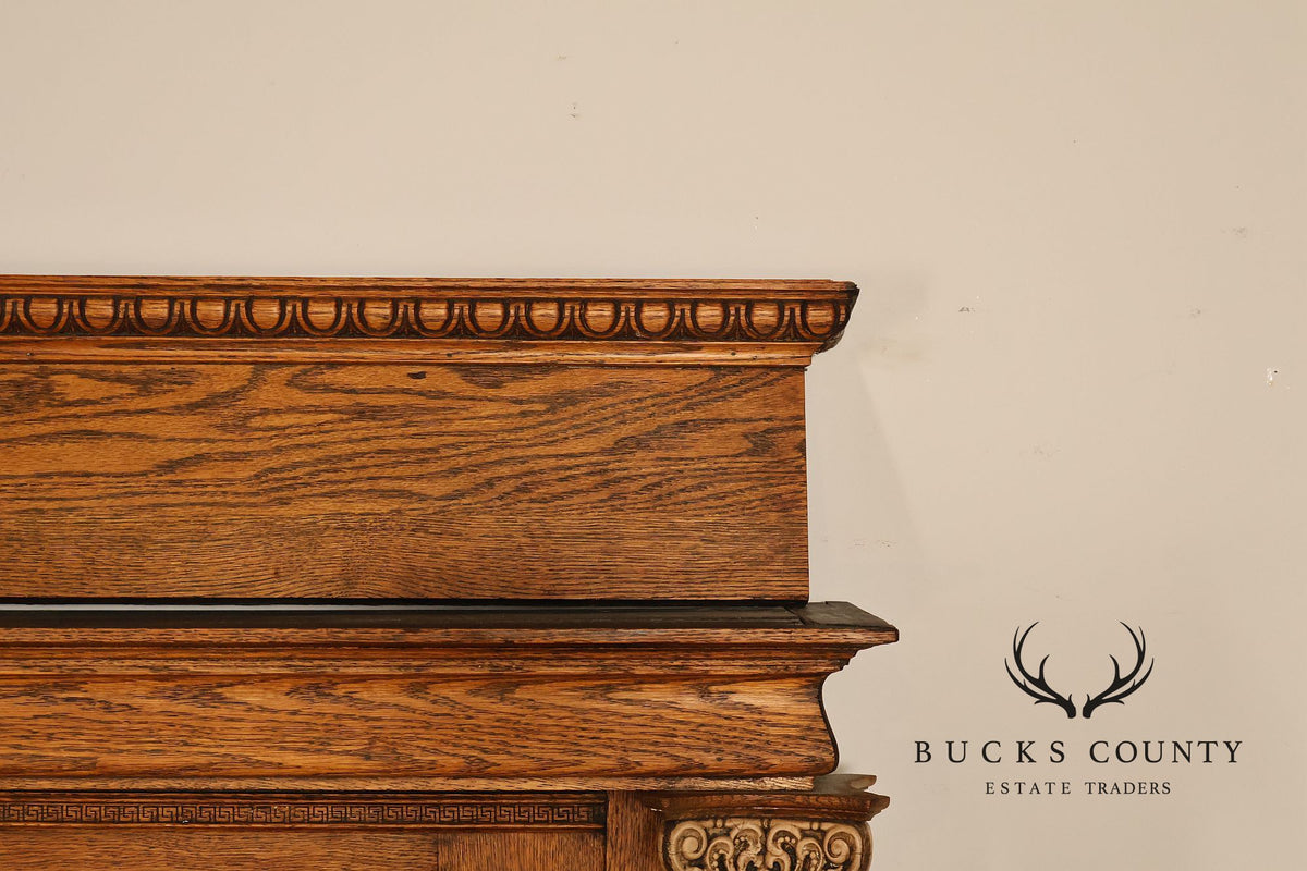 Antique C.B. Atkin Company Victorian Oak Mirrored Fireplace Mantel