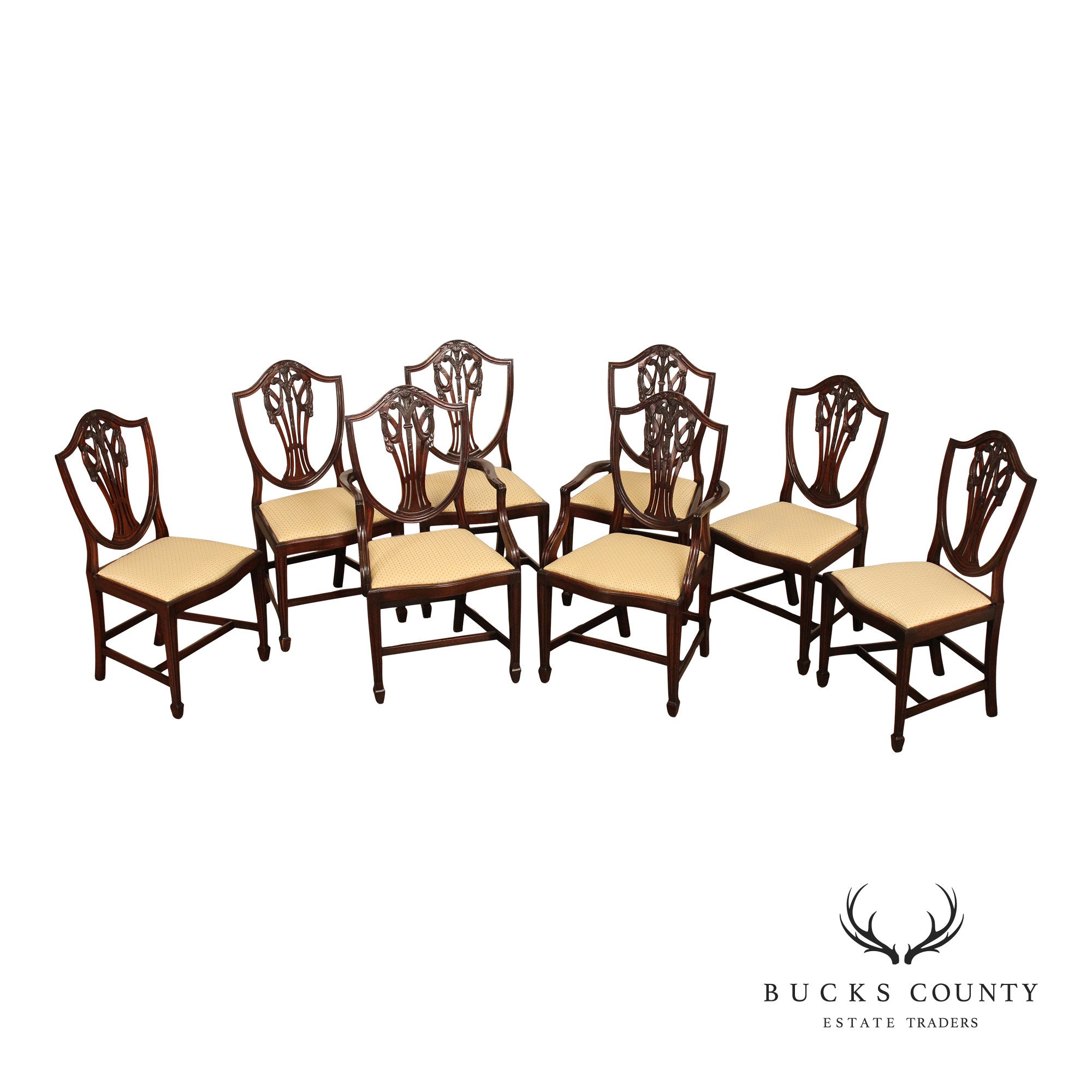 George III Style Quality Set Of Eight Carved Mahogany Shield Back Dining Chairs