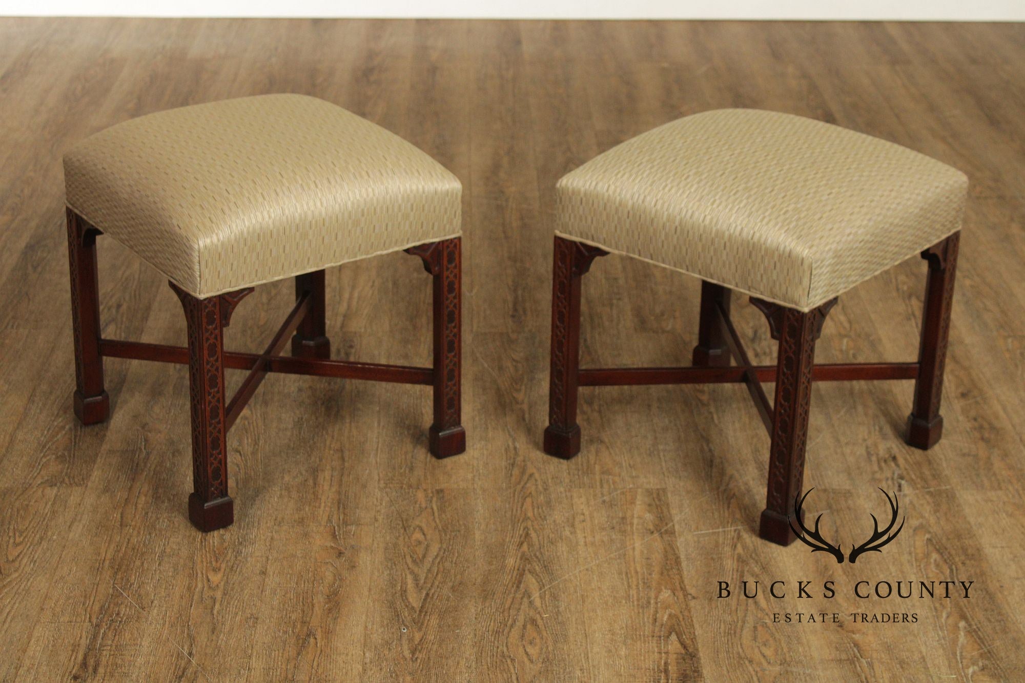 Chinese Chippendale Style Pair of Mahogany Stools