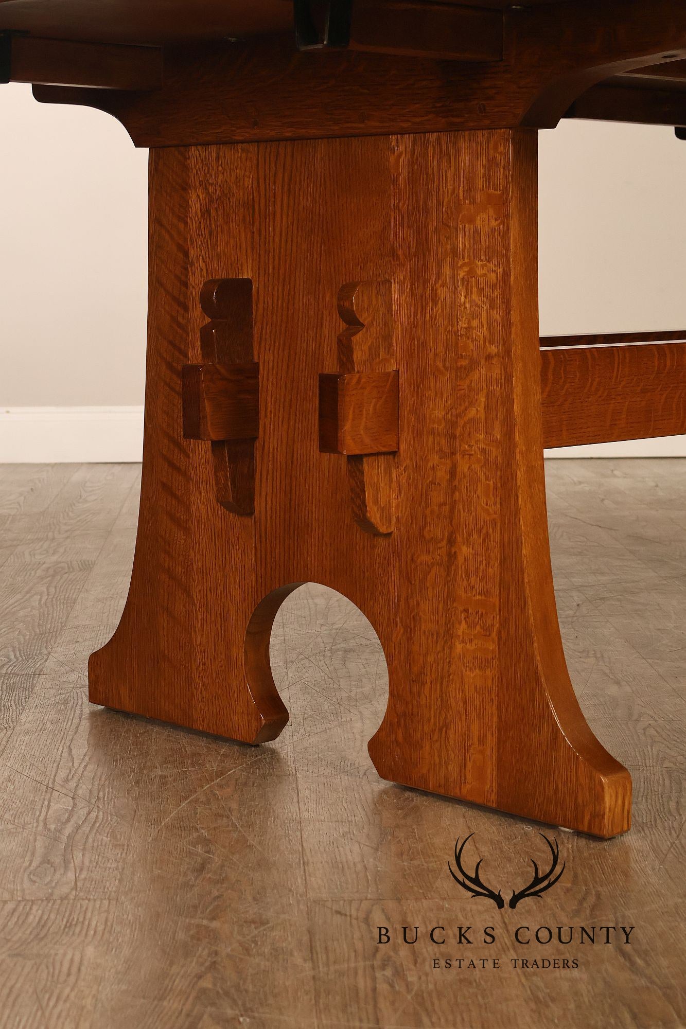 Stickley Mission Collection Oak Trestle Dining Table With Two Leaves
