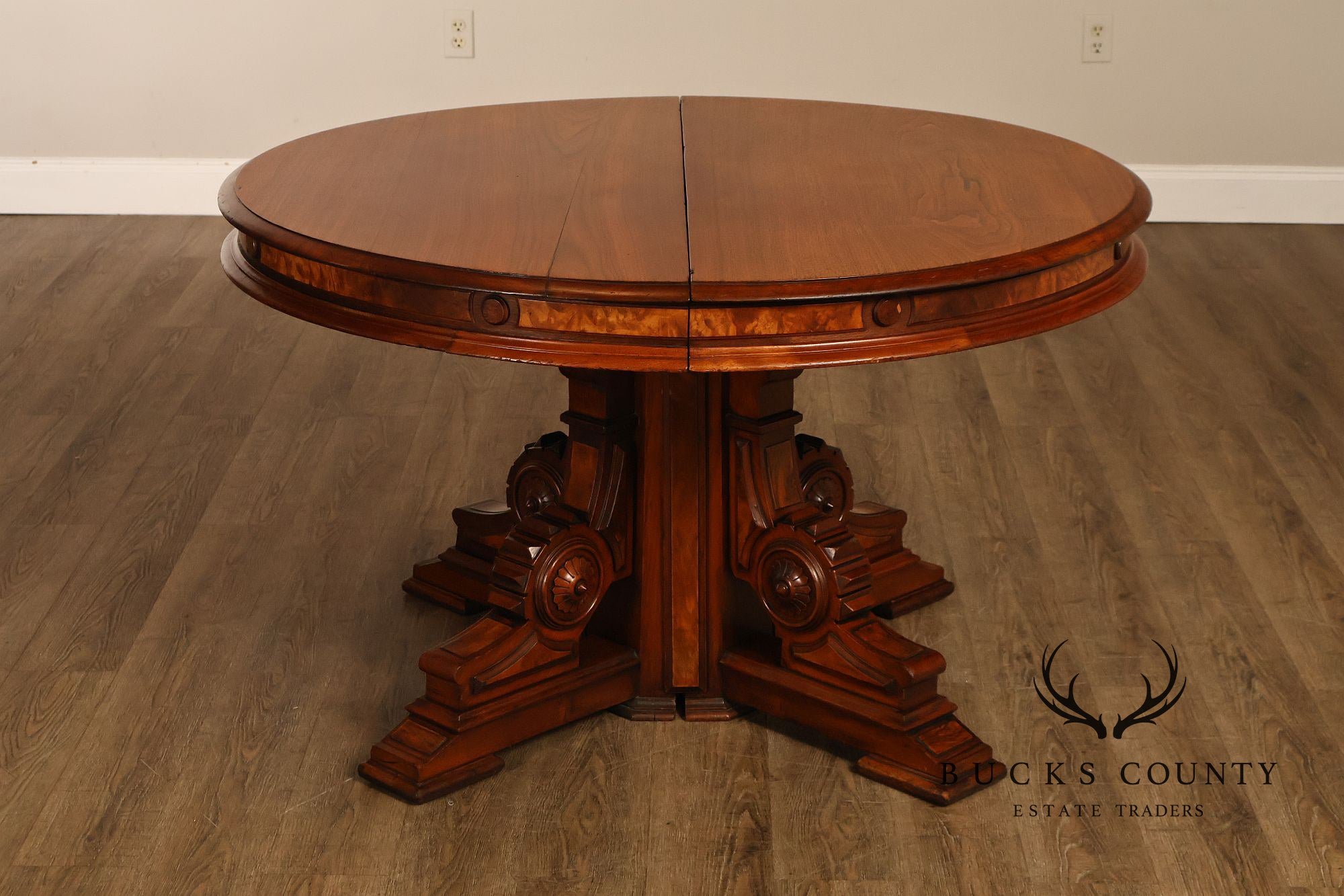 Antique Victorian Renaissance Revival Round Walnut Split Pedestal Extension Dining Table
