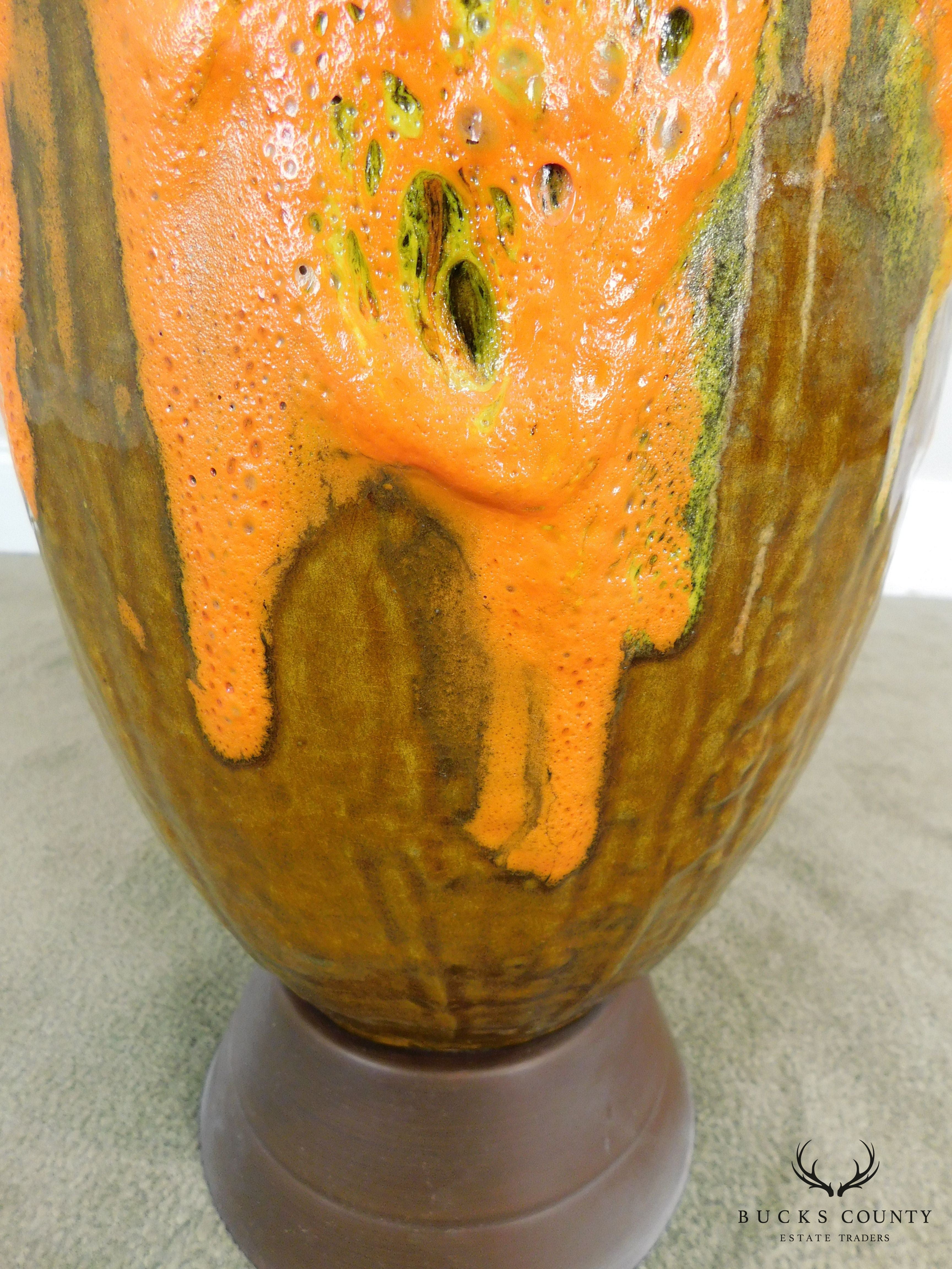 Mid Century Orange Lava Drip Glaze Ceramic Pottery Table Lamp