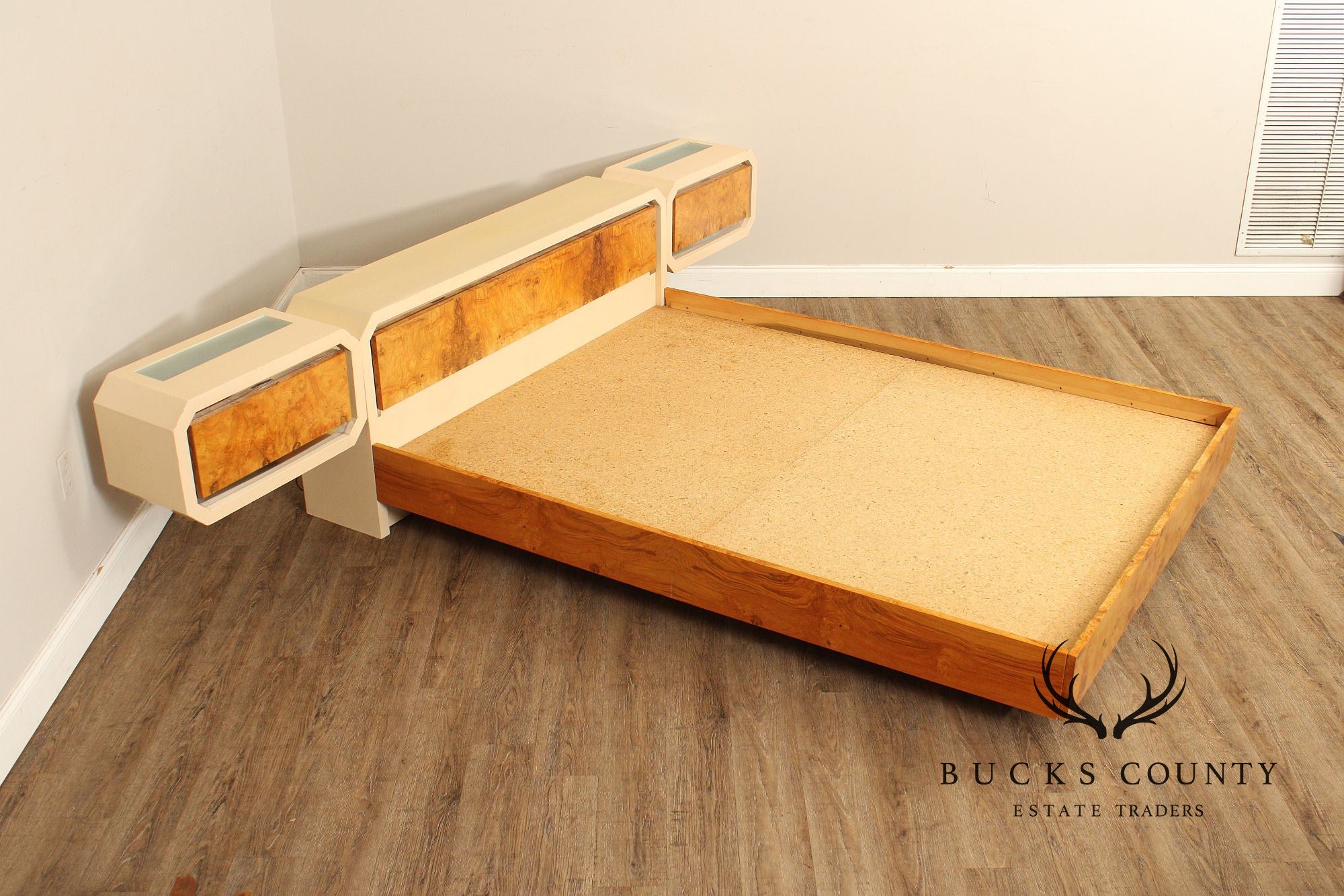 Pace Collection Mid Century Modern Burlwood Queen Size Platform Bed With Floating Headboard And Nightstands
