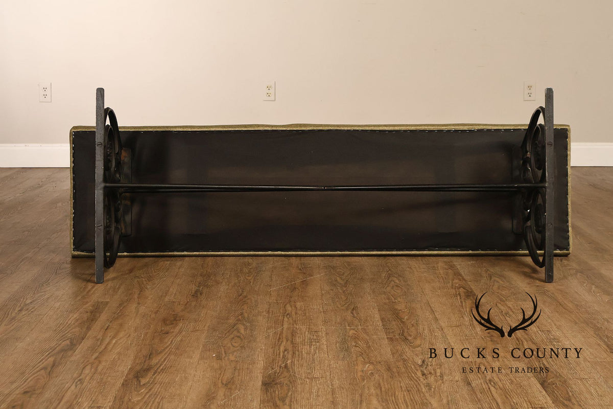Vintage Wrought Iron Scrollwork Upholstered Bench