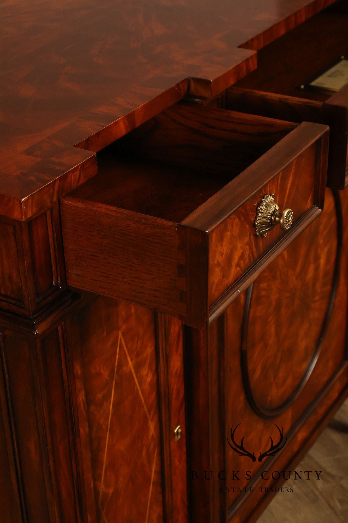 Theodore Alexander Replica Concave Mahogany And Burl Mahogany Sideboard Cabinet