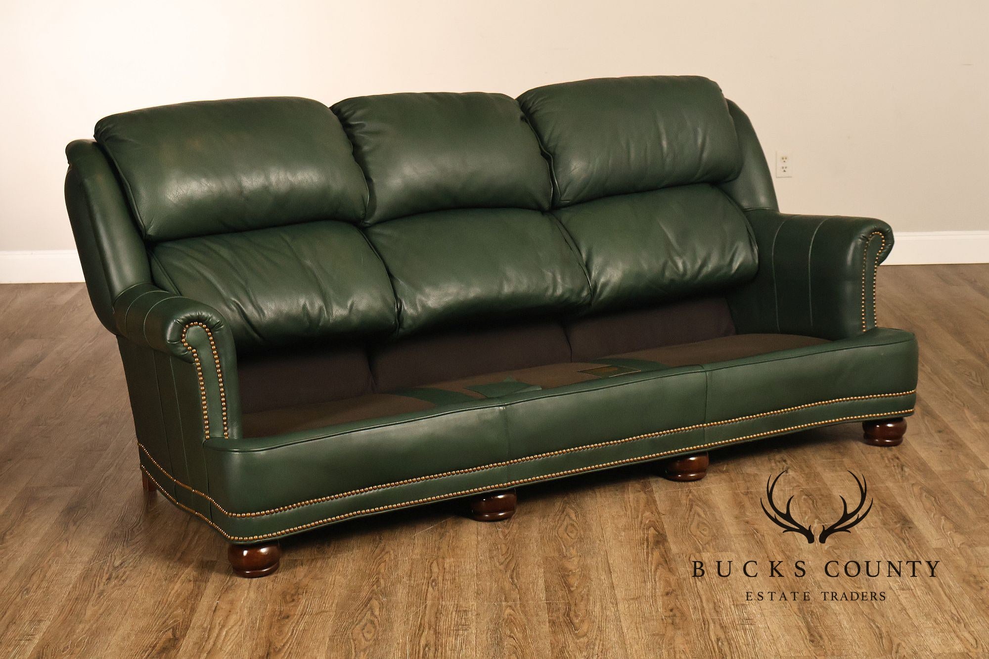 Hancock & Moore Green Leather Nailhead Trim Sofa