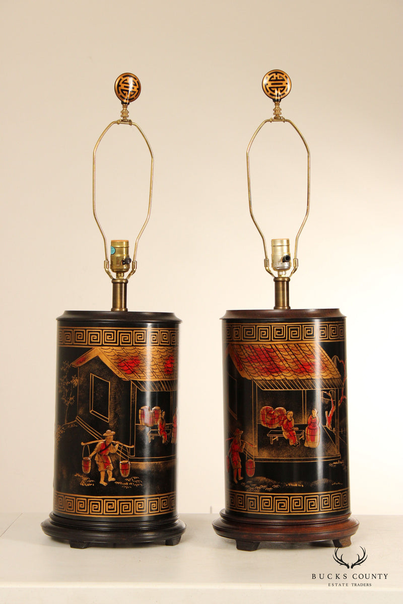 Maitland Smith Chinoiserie Painted Pair of Tea Caddy Table Lamps