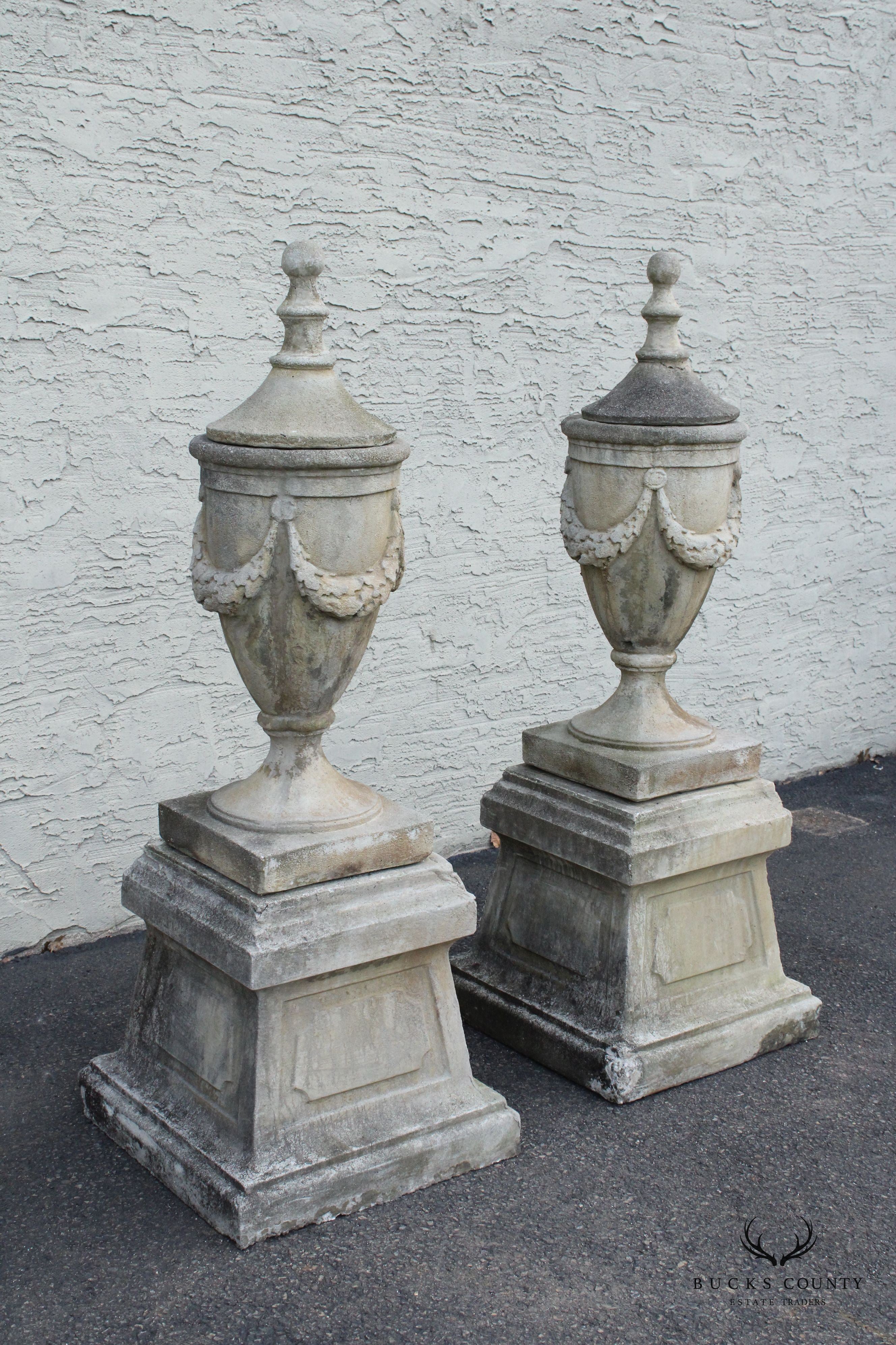 Pair Of Neoclassical Style Cast Stone Garden Urns On Pedestals