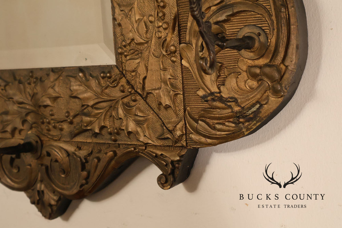 Antique Carved Gilt Wood Wall Mirror With Wrought Iron Hooks