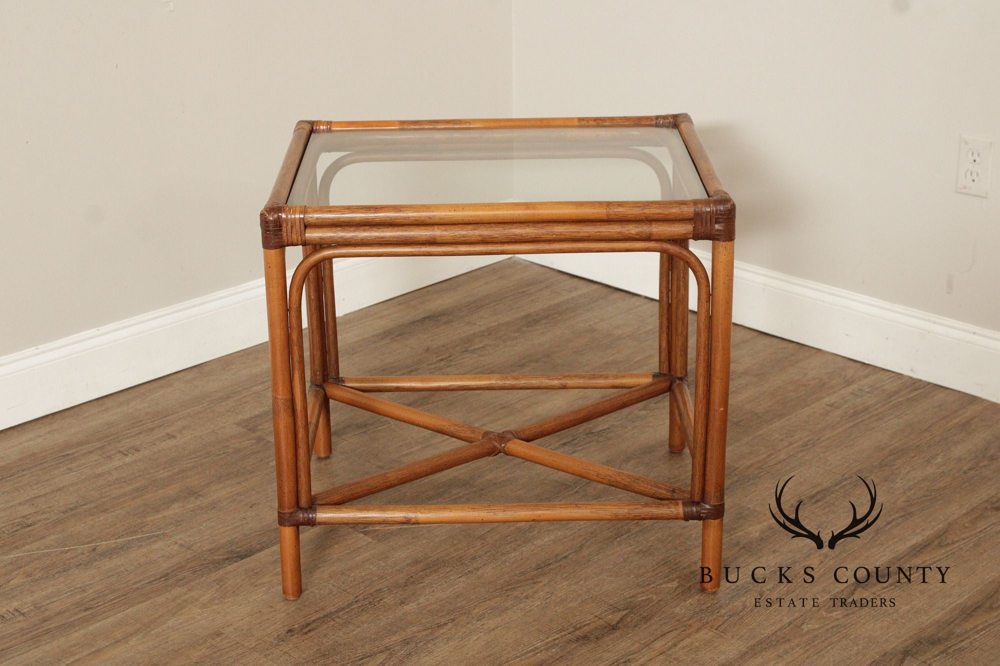 Hollywood Regency Pair of Glass Top Rattan Side Tables