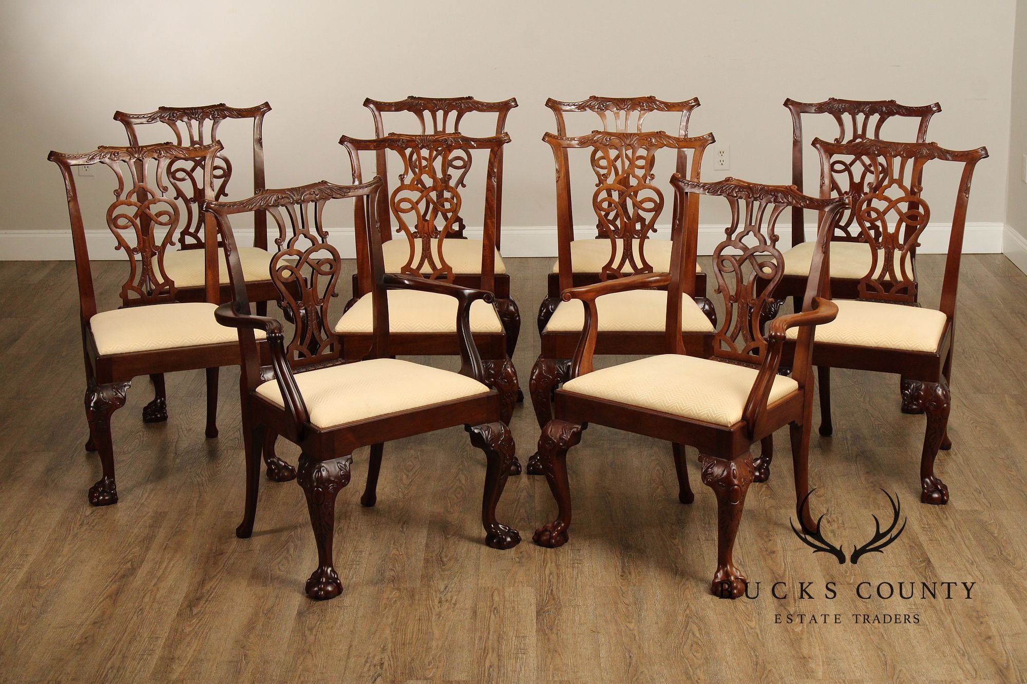 Baker Furniture Stately Homes Chippendale Style Set of Ten Mahogany Dining Chairs