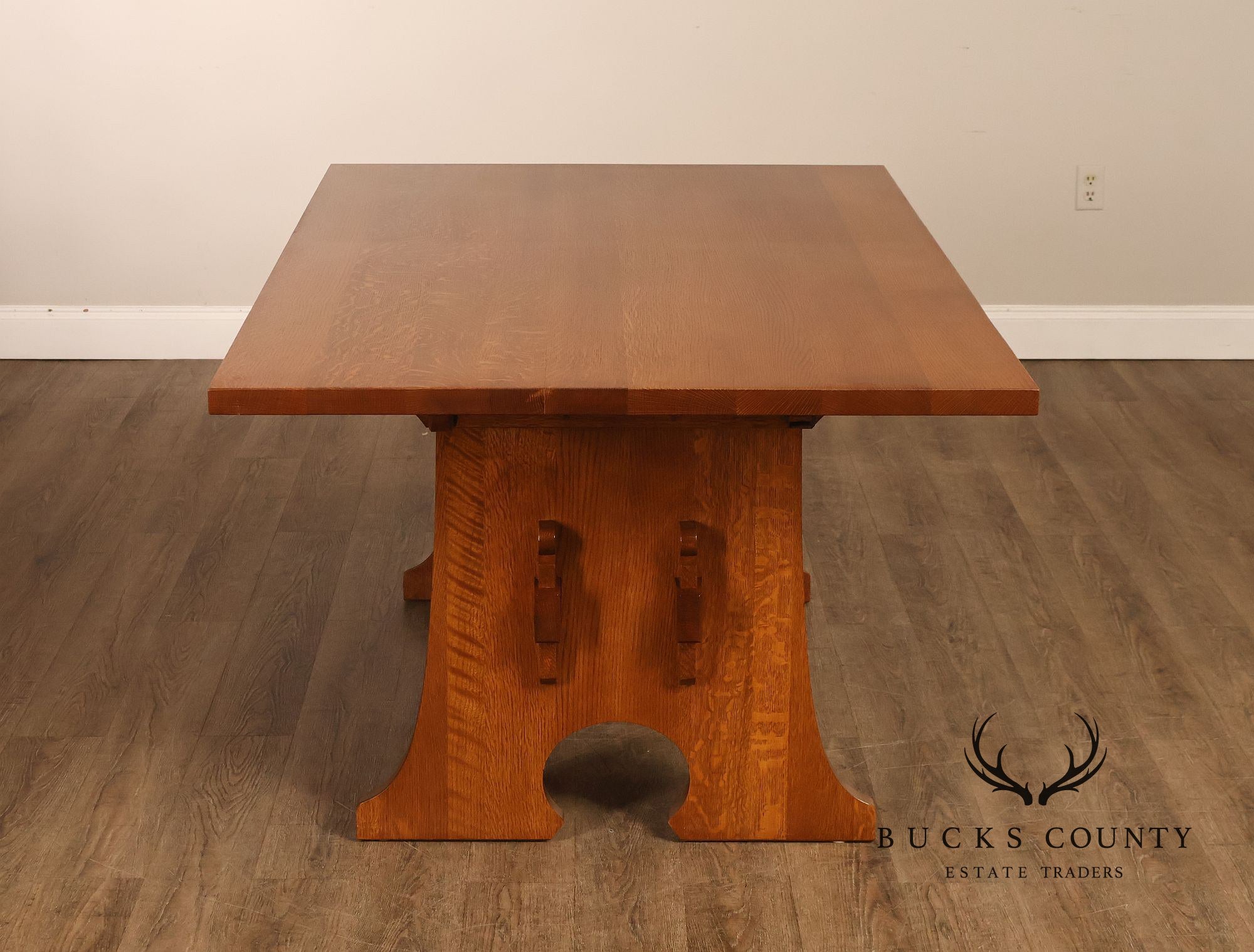 Stickley Mission Collection Oak Trestle Dining Table With Two Leaves